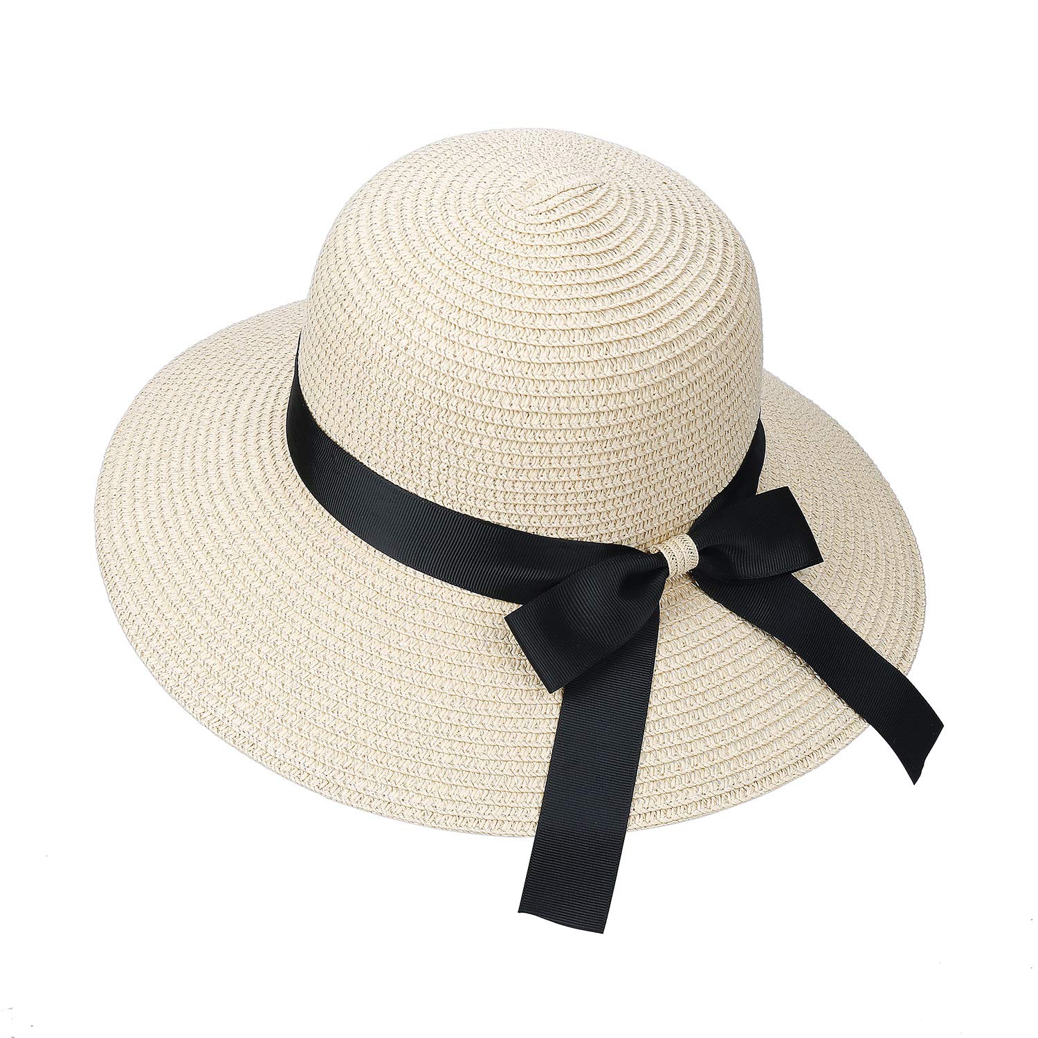 MaoXinTekSombrero de Paja para Mujer Plegable Bohemia Verano Sun Floppy Sombrero de la Playa con Nudo de Proa del Borde Transpirable Grande Ancho Cap para Viajes Vacaciones