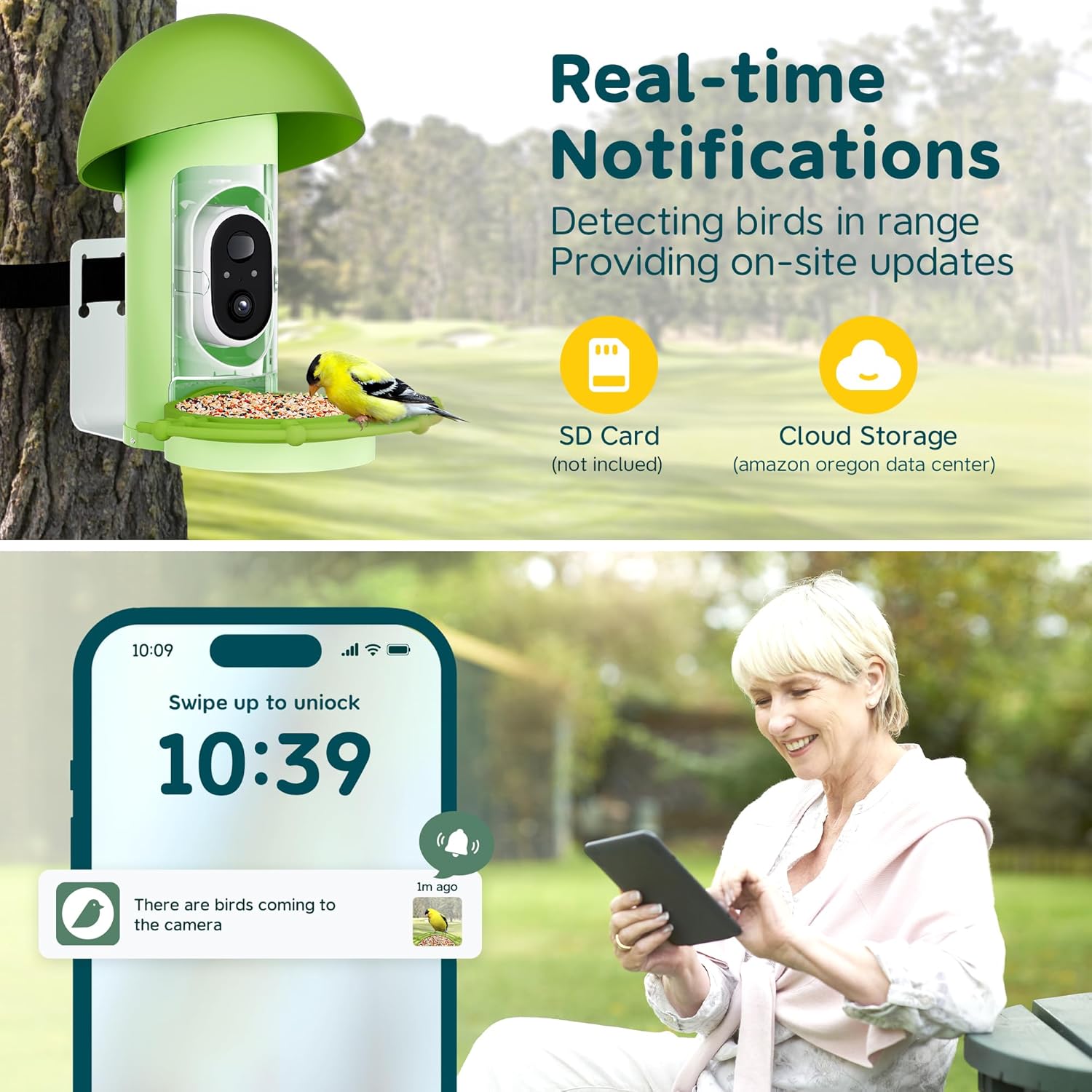 Smartphone displaying real-time bird detection notification from the smart bird feeder