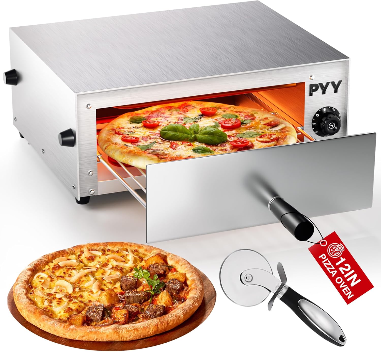 PYY Pizza Oven Electric - 12 Inch Tabletop Pizza Oven Indoor Stainless Steel Professional Pizza Cooker Baker Countertop with Timer & Crumb Tray for Home Restaurant 1100W,Silver