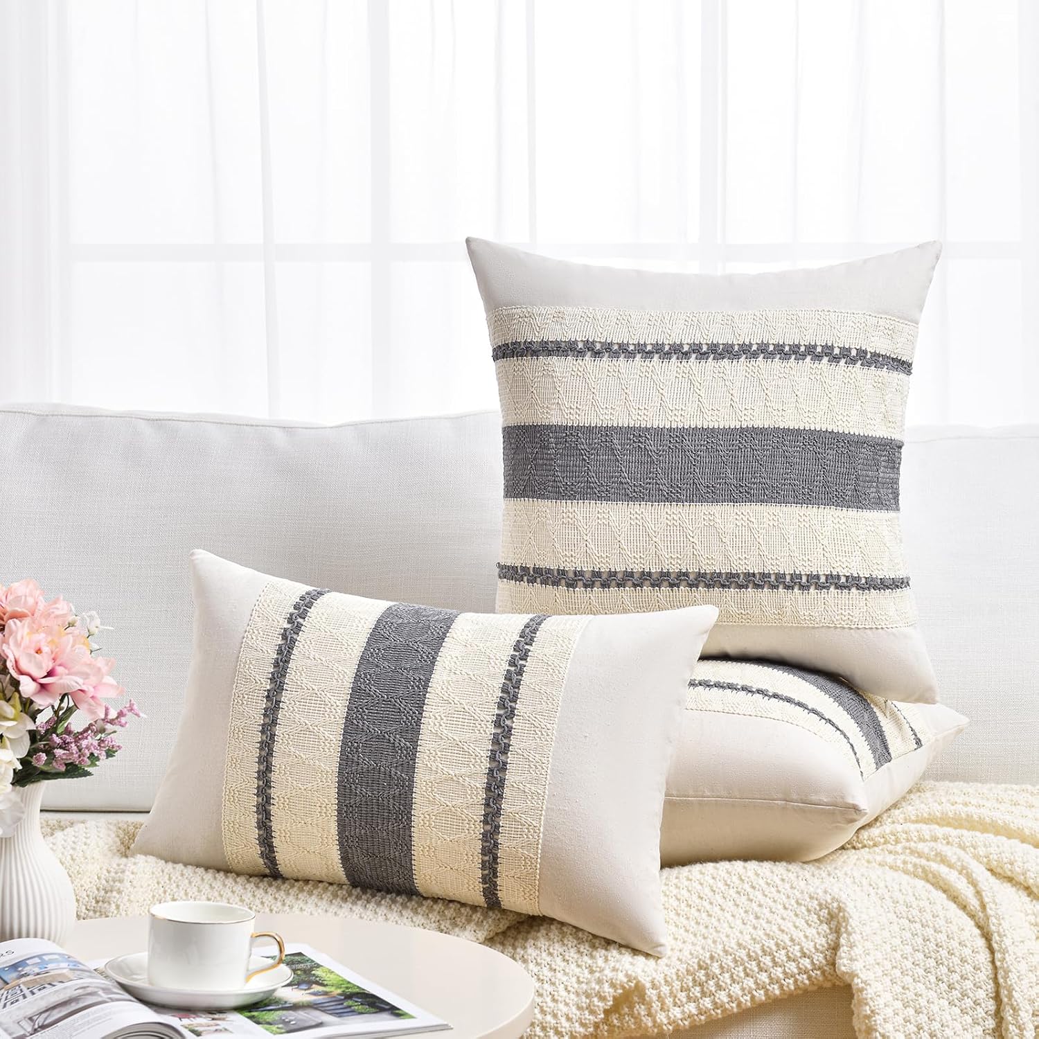 Fancy Homi Set of 2 Neutral Grey Farmhouse Decorative Throw Pillow Covers 16x16 Inch for Couch Bed Chair Indoors, Vintage Country Rustic Retro Room Decor, Soft Thick Cotton Handmade Woven Cushion Case - Image 6