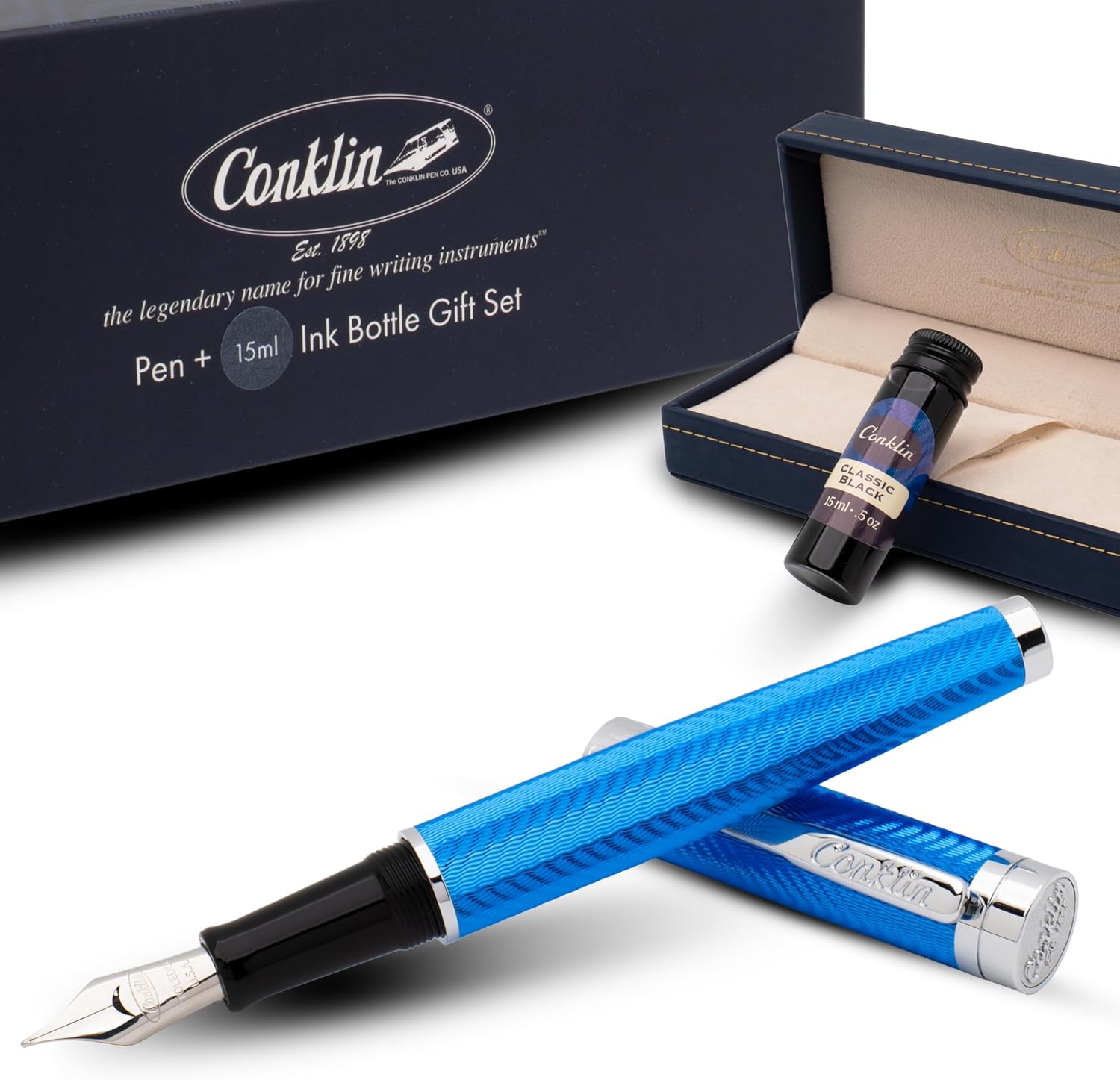 Conklin Herringbone Signature Fountain Pen Blue Fine Nib + Free 15ml Ink Bottle – Premium Writing Gift for Men, Women, Executives, Collectors