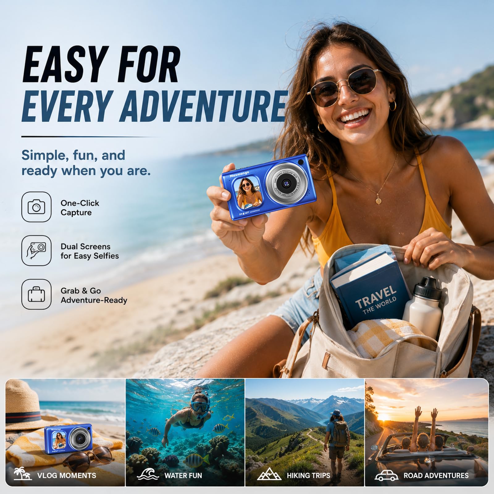 16FT Cámara Subacuática Impermeable 4K 48MP con Batería Extraíble 1500mAh | Maxmango D71 Cámara Digital con Doble Pantalla, Zoom 18X, Autofocus, Diseño Flotante para Snorkel, Surf y Natación, Azul(8GB)