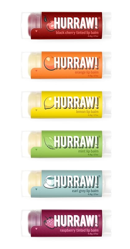 HURRAW! Conjunto com 6 bálsamos labiais: Black Cherry, Raspberry, Earl Grey, Mint, Lemon e Orange