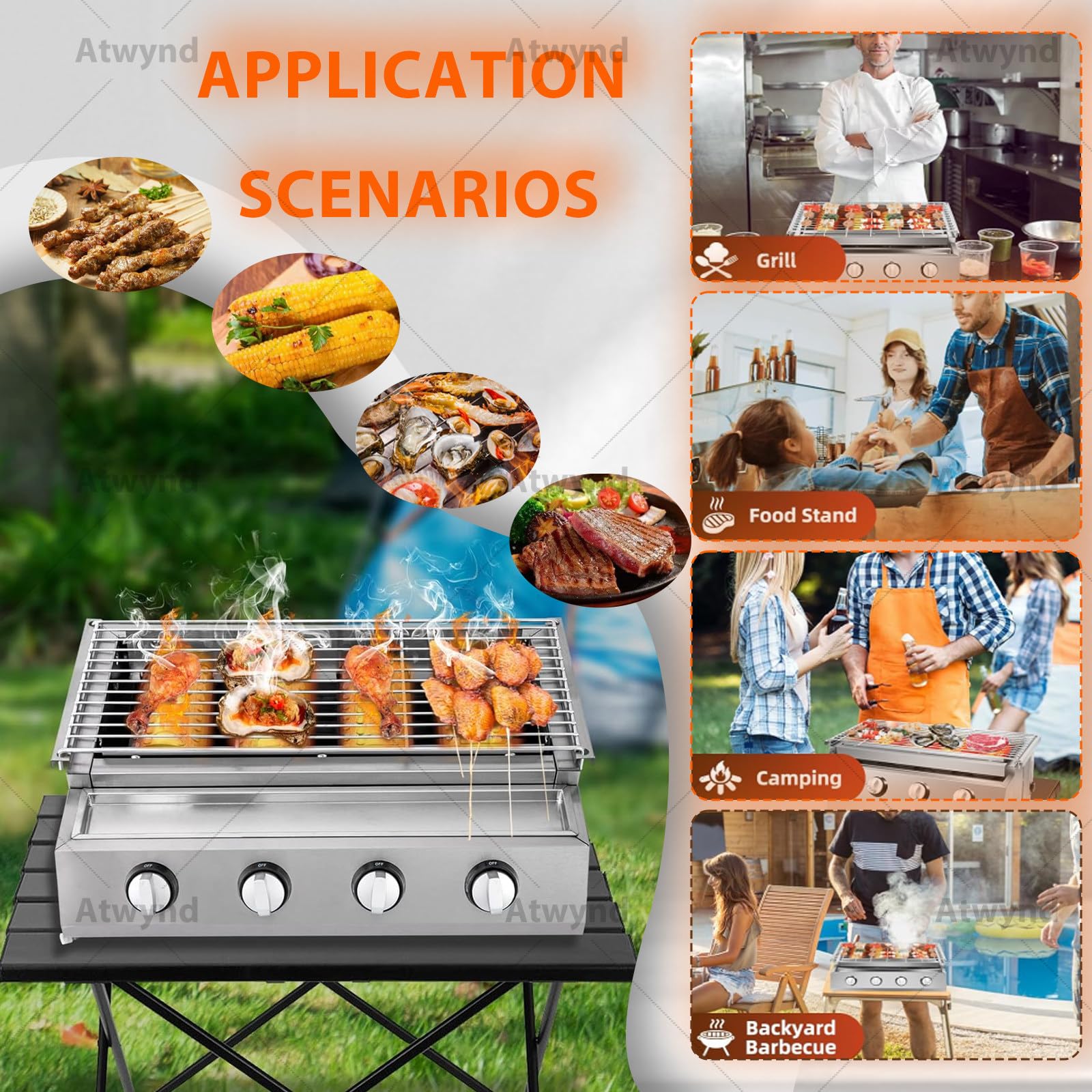 Grill gazowy z 4 przełącznikami, grill zewnętrzny ze stali nierdzewnej, 4-palnikowy grill gazowy do ogrodu, grill gazowy z regulacją wysokości i wyjmowaną tacką na olej