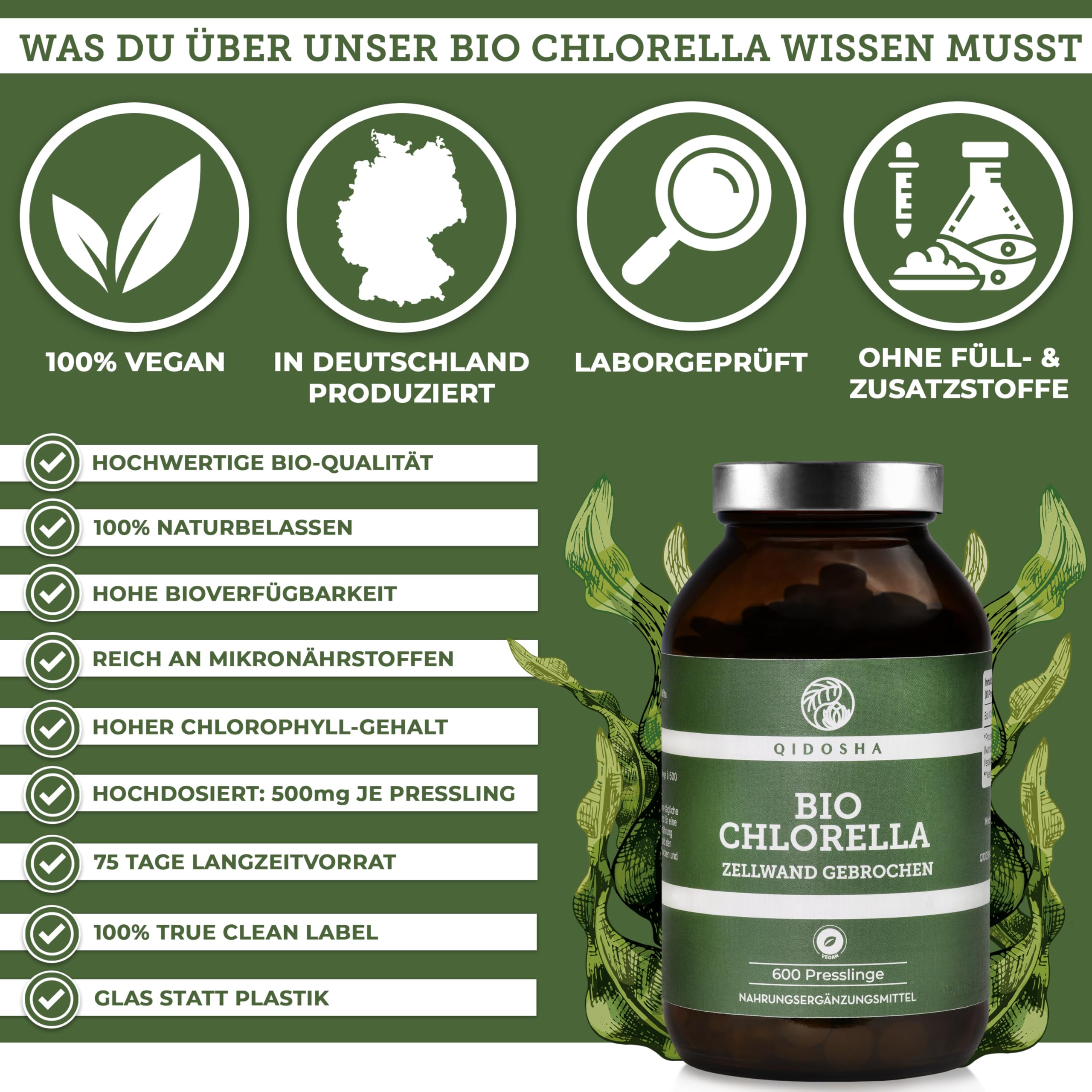 QIDOSHA® Bio Chlorella Presslinge, 600 Stk/Glas, 500mg je Pressling, 100% natürliches Bio-Chlorella vulgaris Pulver aus kontrolliert biologischem Anbau, mit bereits aufgebrochener Zellwand