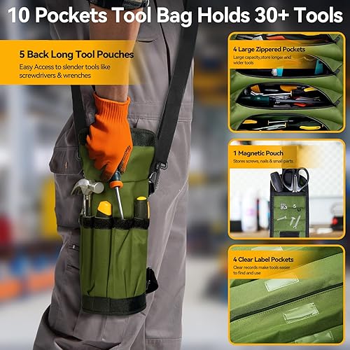 Miniatura 4 de Bolsa organizadora de herramientas enrollable, rollo de herramientas de 10 bolsillos, bolsa de herramientas de electricista resistente para hombres,