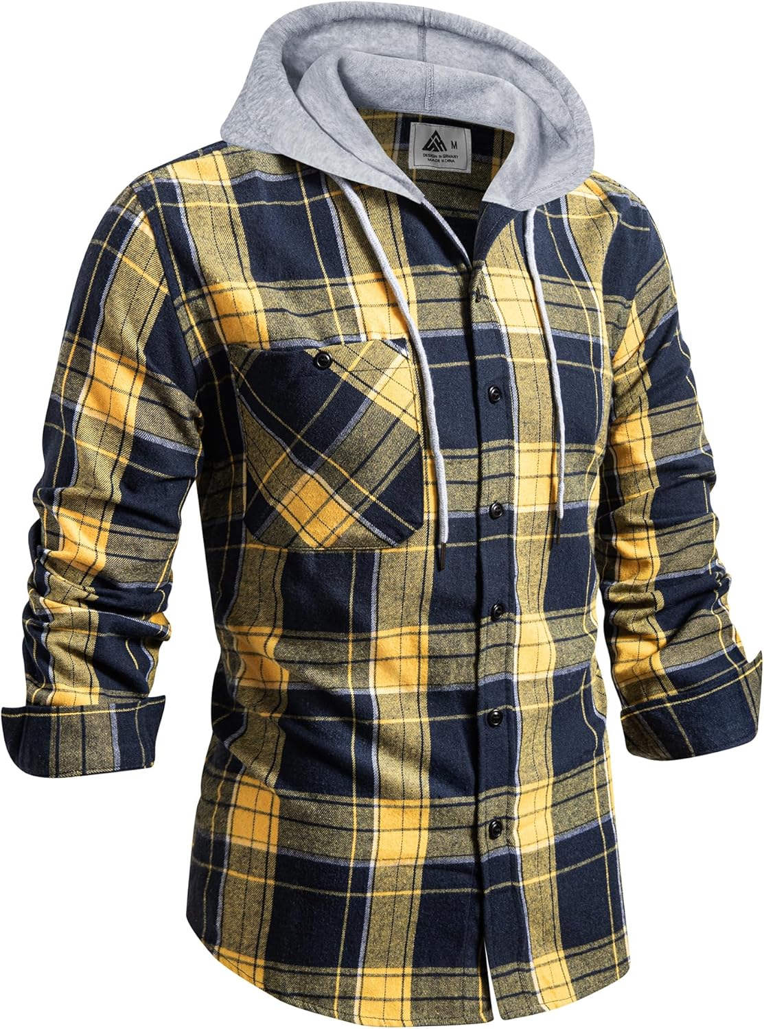 Men's Flannel Shirt Plaid Hoodie Stylish Long Sleeve Fall Casual Button Down Western Shirts with Flat Pocket