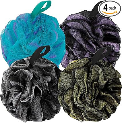 Bath Loofah Shower Sponge Body Back Scrubber Soft Mesh Shower Puffs Exfoliating Loofa for Women & Men Bath Accessories Cleaning Tool (Pack of 4 60G Loofah, Dark Elf)