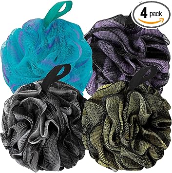 Bath Loofah Shower Sponge Body Back Scrubber Soft Mesh Shower Puffs Exfoliating Loofa for Women & Men Bath Accessories Cleaning Tool (Pack of 4 60G Loofah, Dark Elf)