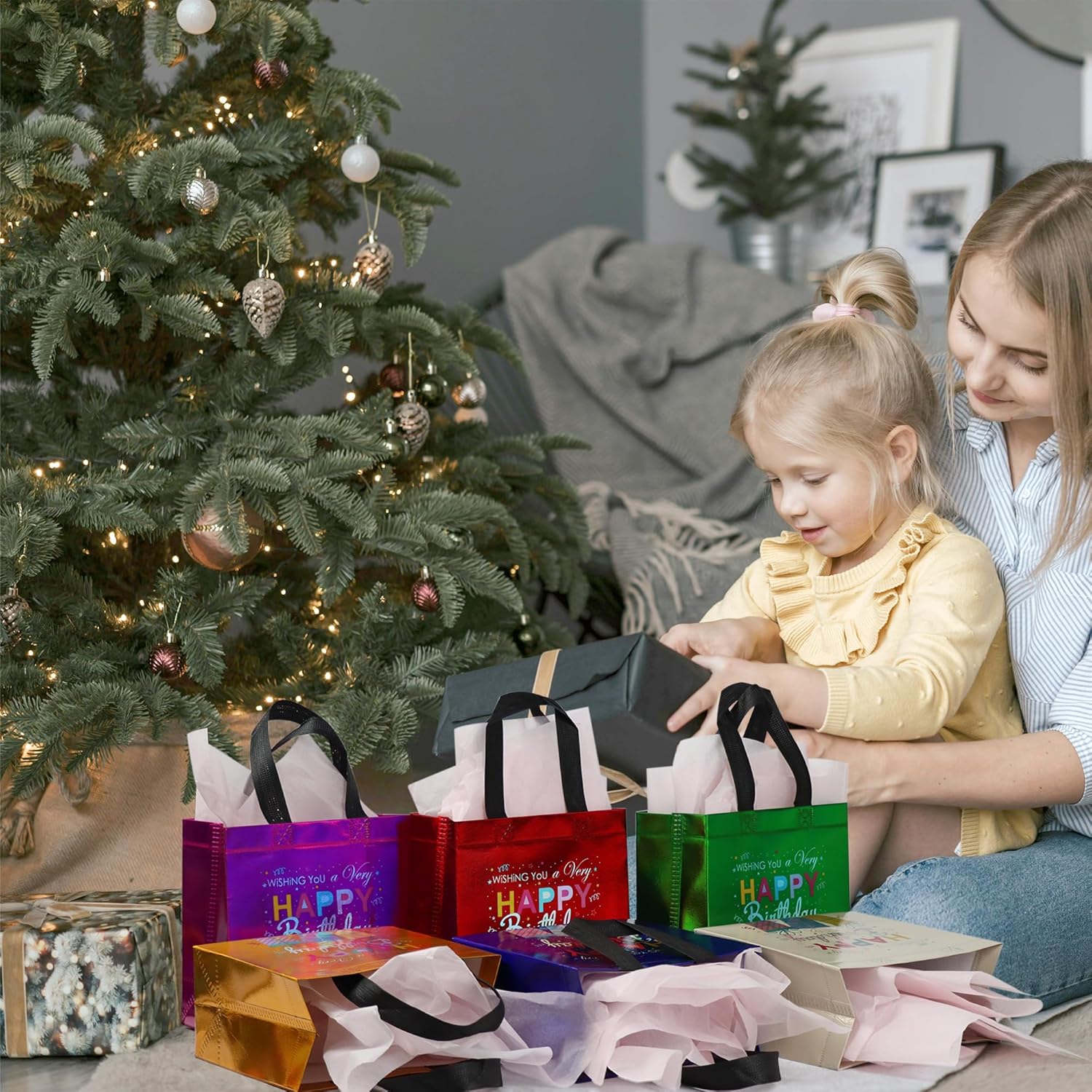 huichuan Multicolor Small Birthday Gift Bags with Funny Gift Design, 12 Pcs Lightweight Birthday Bags for Party & Favor Wrapping (8x3.9x8 Inches, 6 Colors) - Image 2