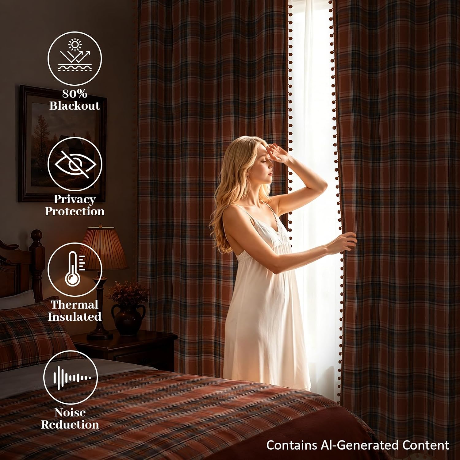 Fall Plaid Curtains for Living Room 84 Inch Long Orange Buffalo Check Blackout Bedroom Curtains, Thanksgiving Autumn Window Curtain Grommet Room Darkening Drapes, 52" W x 84" L, 2 Panels