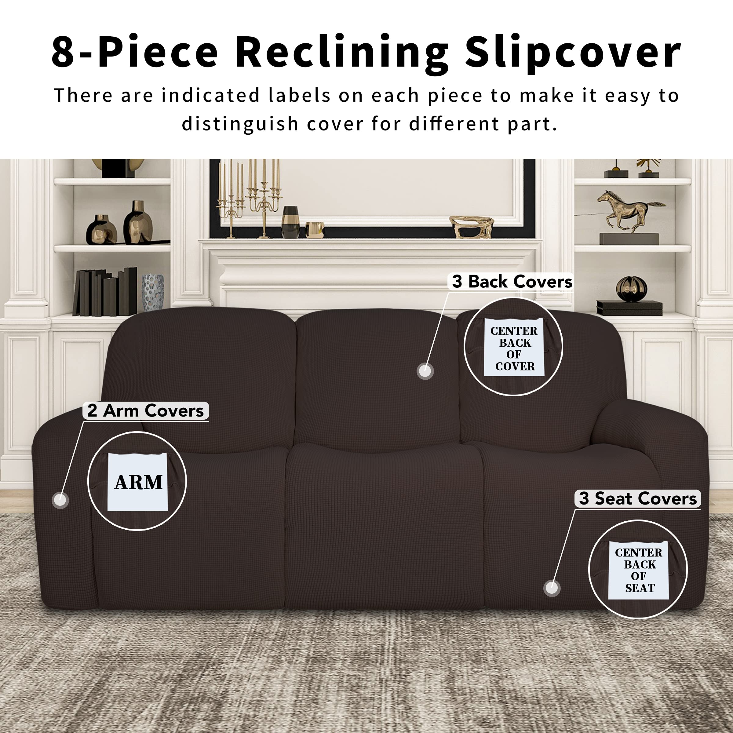 Easy-Going Funda de sofá reclinable 100% Impermeable Doble, Funda elástica de 8 Piezas con Bolsillo, Funda de sofá Jacquard de 3 plazas, Lavable a Prueba de Fugas (sofá, Chocolate)