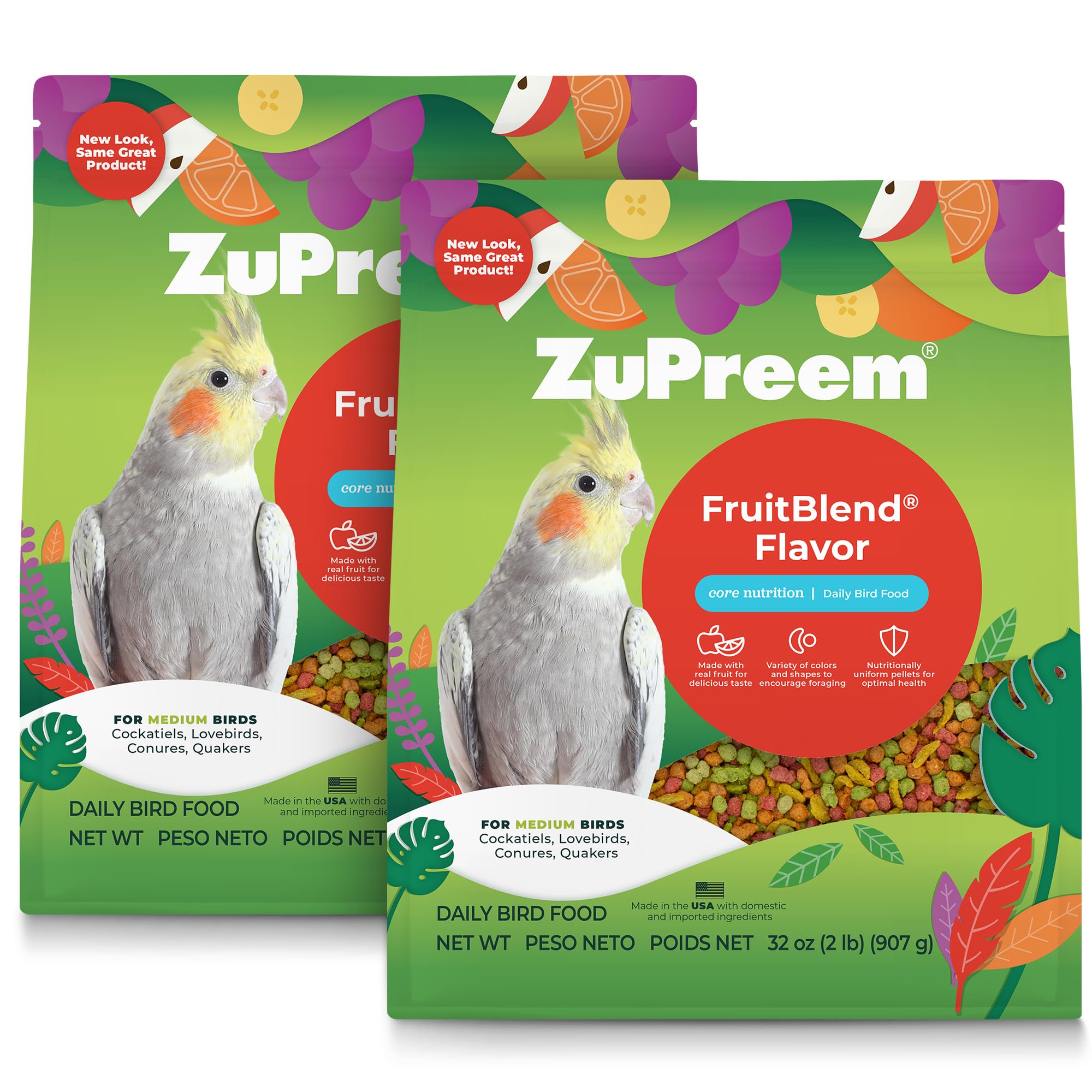 FruitBlend Flavor Pellets Bird Food for Medium Birds, 2 lb (Pack of 2) - Daily Blend Made in USA for Cockatiels, Quakers, Lovebirds, Small Conures