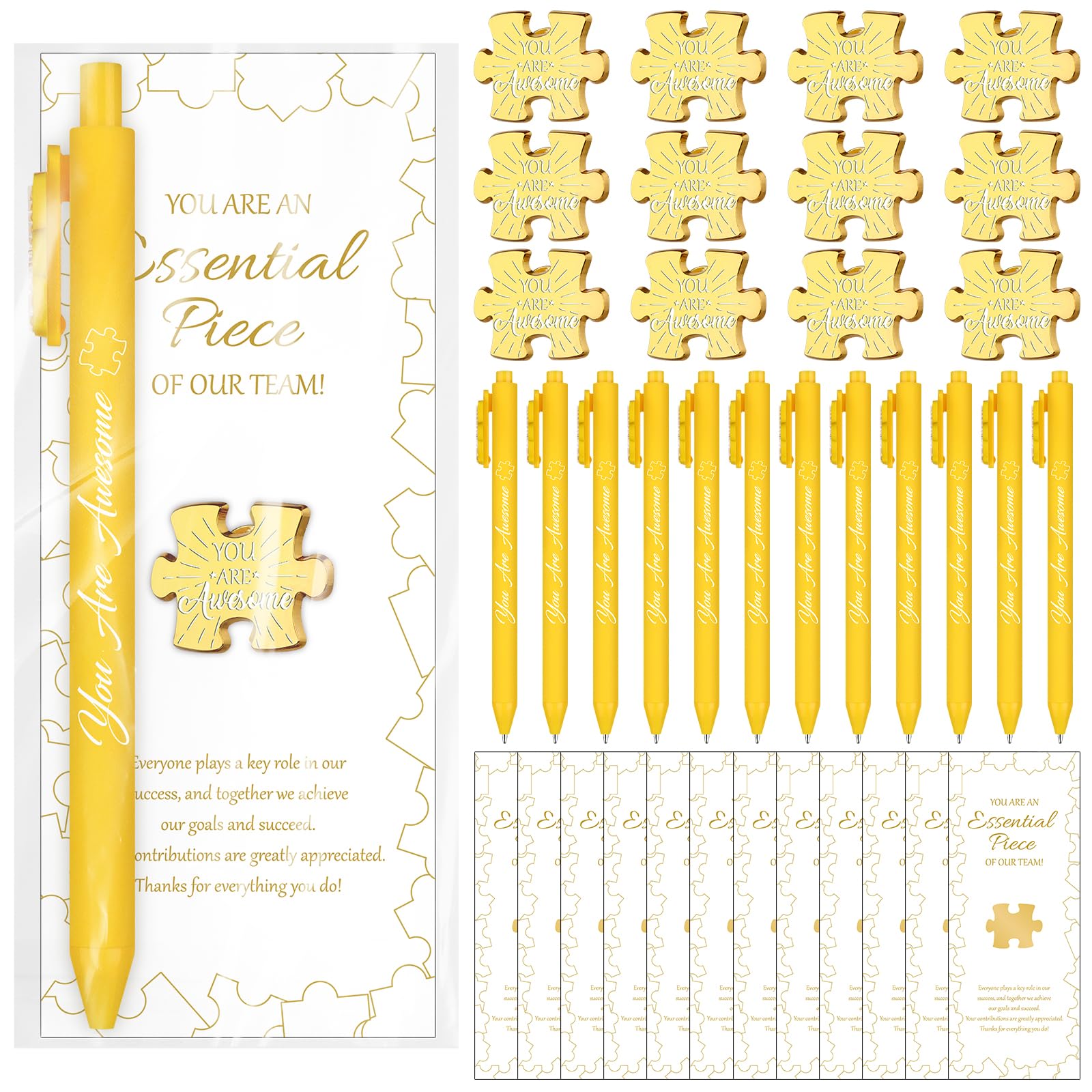 WWmily 48 Pcs Team Thank You Gifts for Employee of The Month Bulk Include Staff Appreciation Puzzle Piece Lapel Pins Inspirational Pens Cards Bags Well Done Favors for Colleague Men Women Students