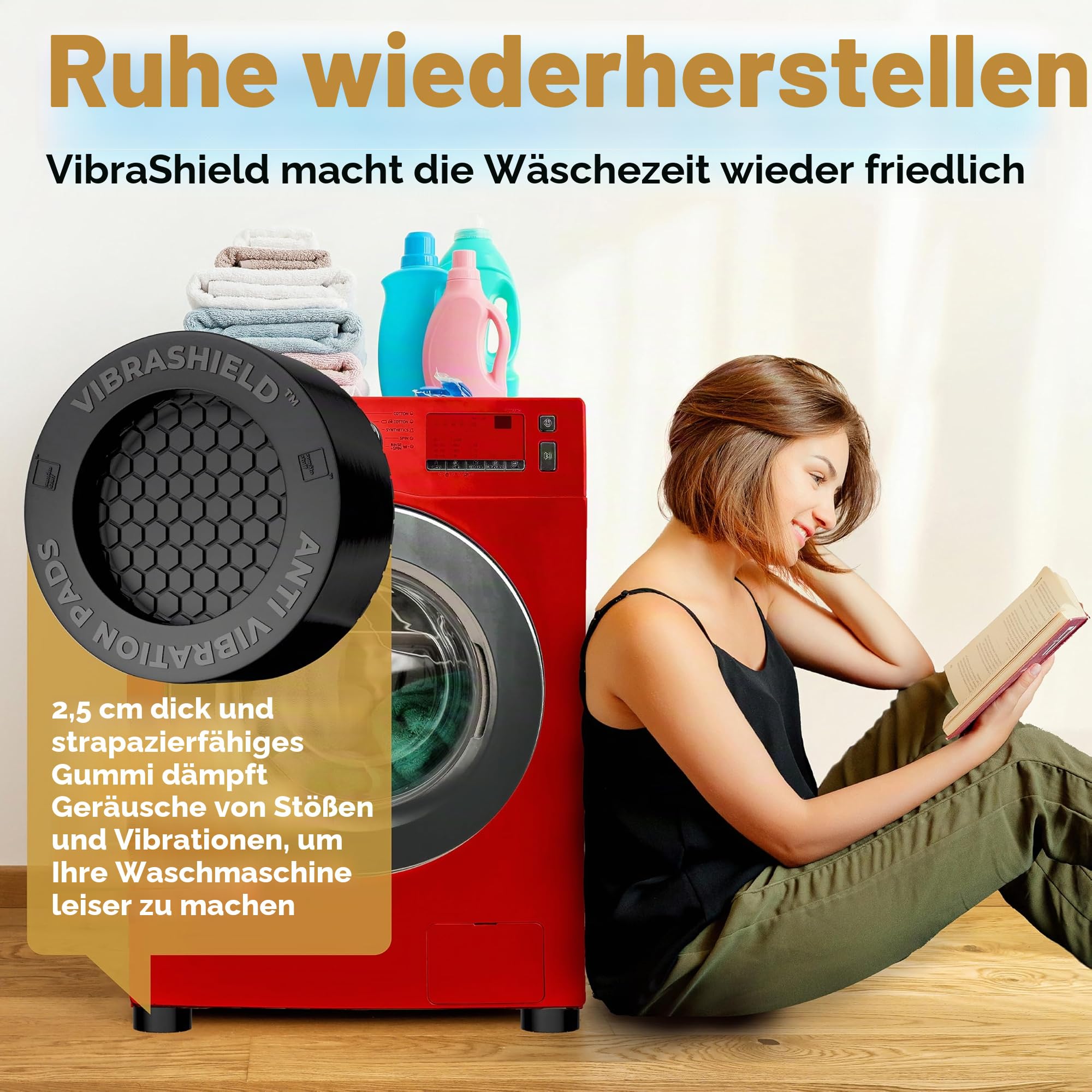 Vibrationsdämpfende Pads für Waschmaschine mit HexaGrip – stoppt das Bewegen von Waschtrockner und Gehen – verhindert Lärm, Vibrationsübertragung, Gummi-Antivibrations-Stabilisator, Stützfüße | Stoppt das Gehen der Waschmaschine, rutschfester HexaGrip, Gu