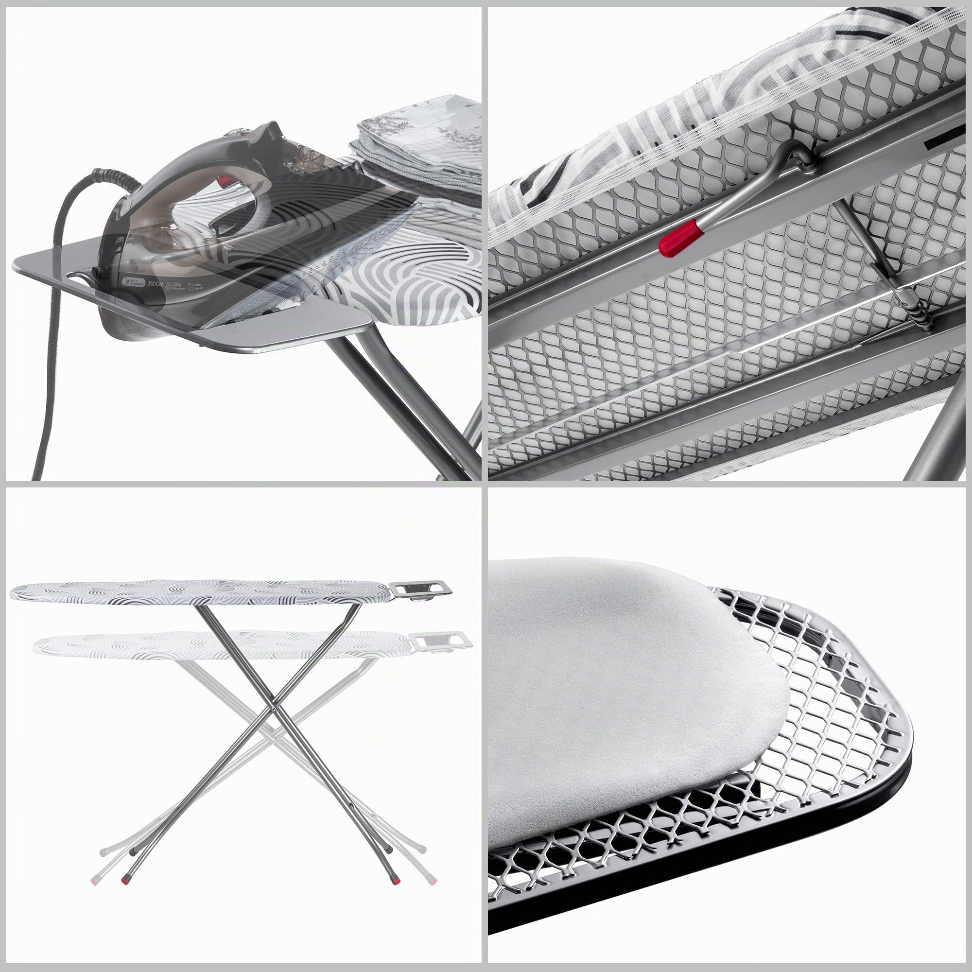 KADAX Planche à Repasser compacte - 114 x 34 cm Gris M - pour Repassage Confortable sur Grille métal - Repose-Fer et Housse Coton avec Mousse 5 mm Hauteur réglable Pieds antidérapants fabriquée UE