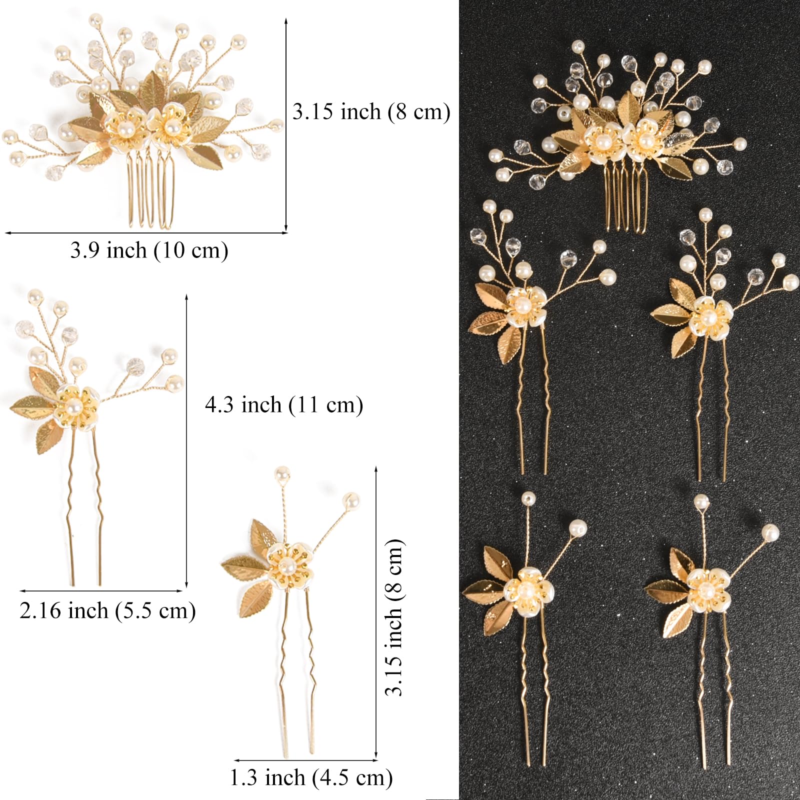 Wedding Hair Accessories Pearl Rhinestone Leaf Pins Set for Brides Bridesmaids Gold Leaf Rhinestone Pearl Wedding Hair Pins - Set of 5  main image 2