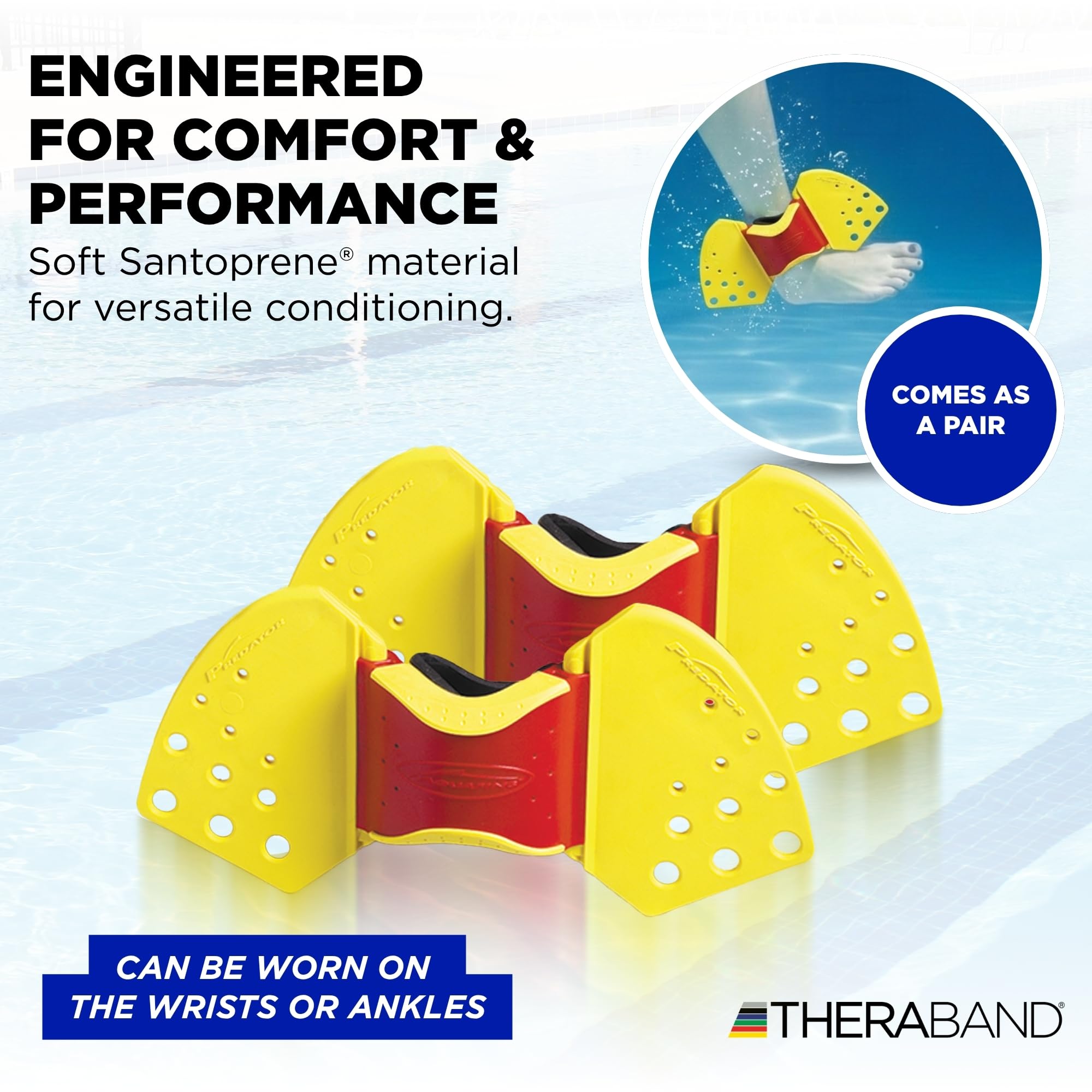 TheraBand Aquafins - Kit di esercizi acquatici per allenamento di resistenza all'acqua per parte superiore e inferiore del corpo, fisioterapia in piscina, attrezzatura per aerobica in acqua, 2 pinne,