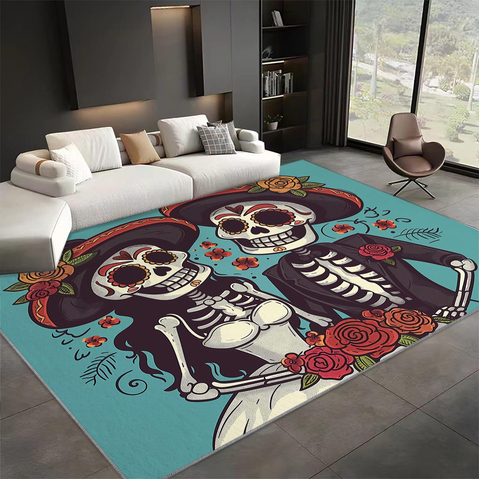 Tapis gothique squelettes mariés 120x180 cm lavable et antidérapant pour salon et chambre moderne