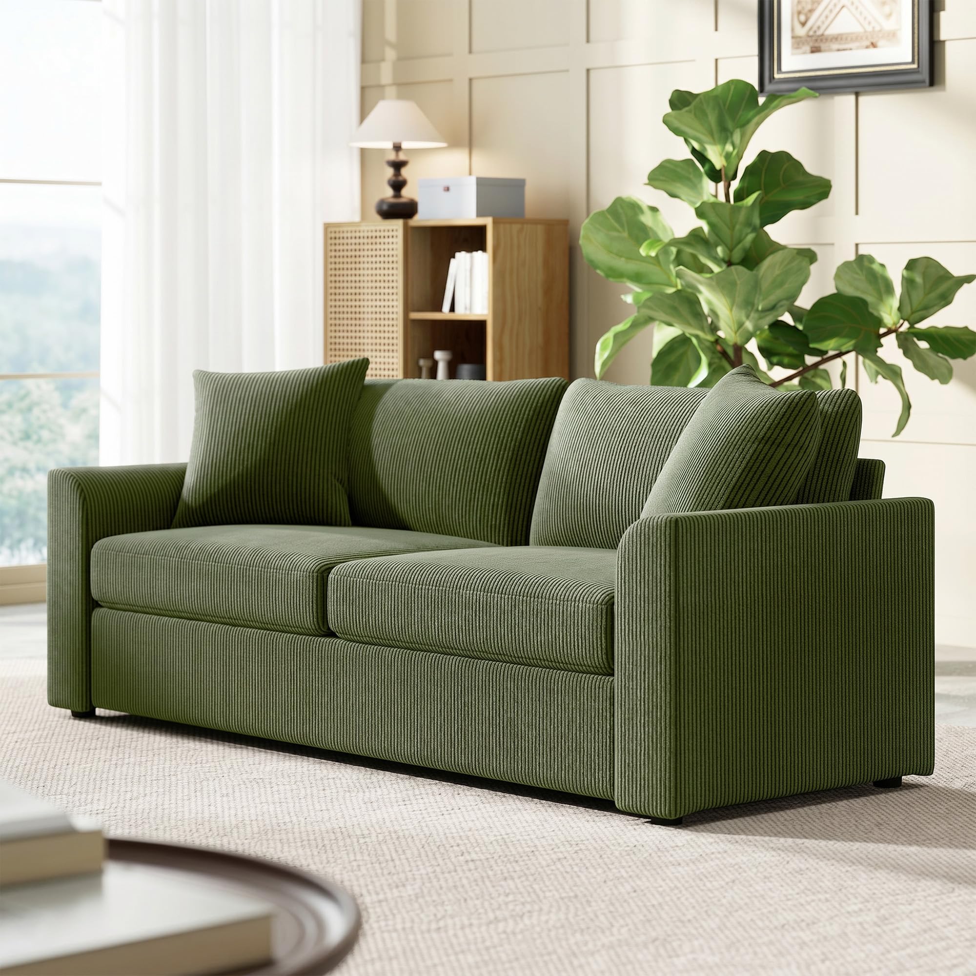 HOMCOM Sofá de 3 Plazas Sofá de Salón 212x80x88 cm Tapizado en Pana con 2 Almohadas Reposabrazos y Cojín de Muelles Diseño Moderno para Sala de Estar Dormitorio Verde