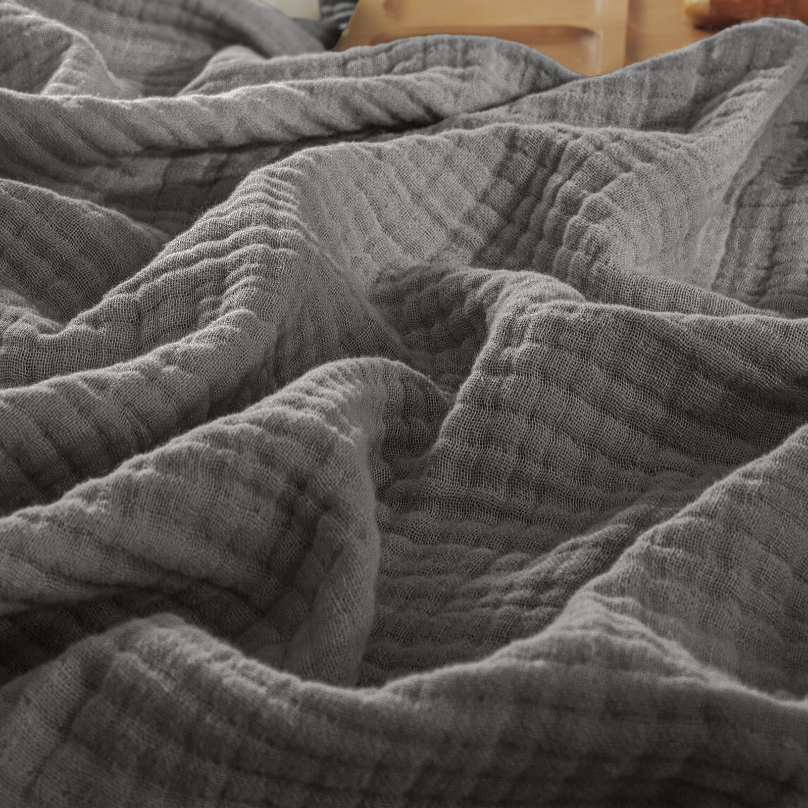phf 100% cotton muslin blanket queen size 90"x90", 4-layer lightweight gauze throw, breathable cloud-soft minimalist blanket for bed, couch, camping, greyish black, ideal gift