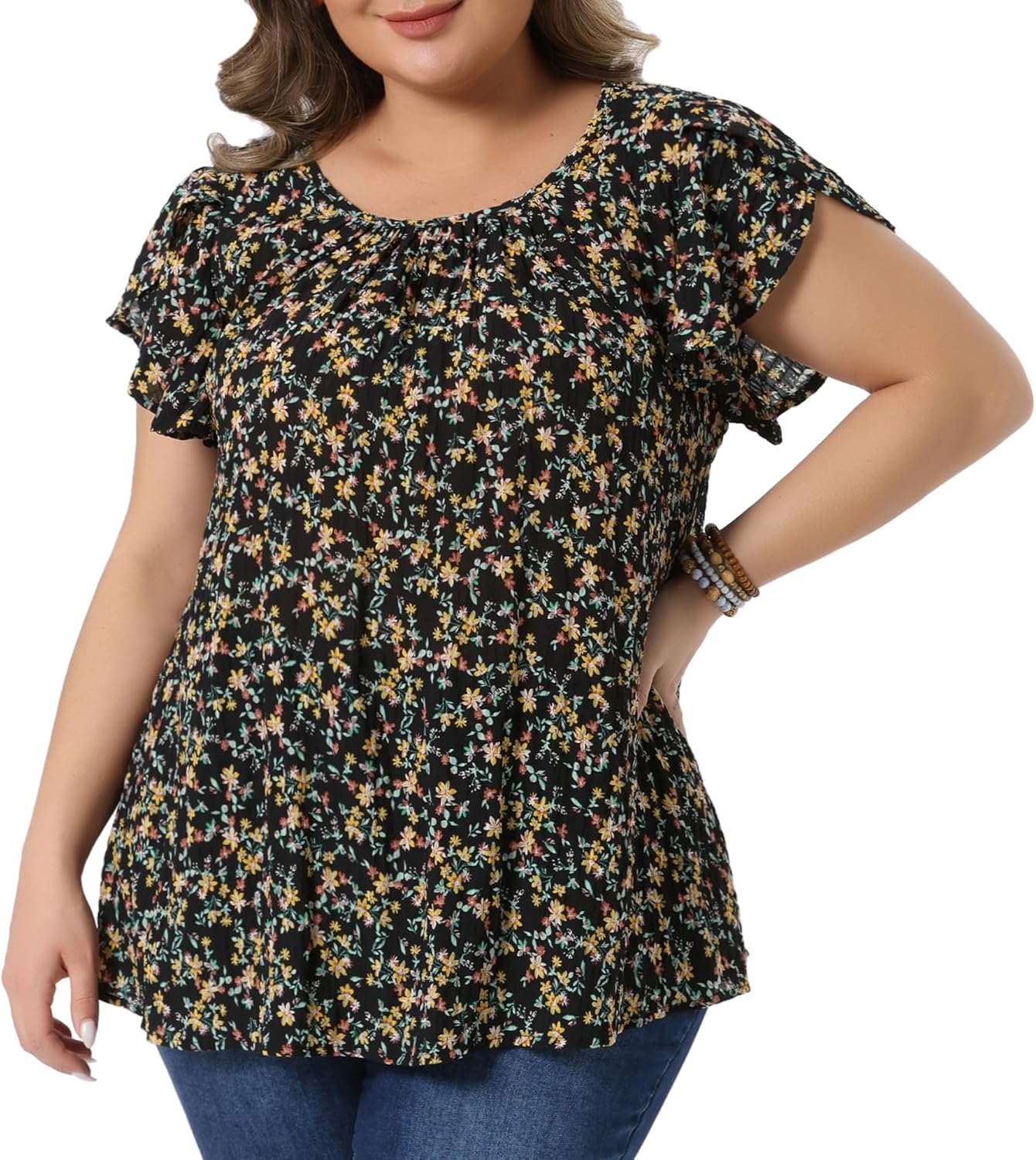 Agnes Orinda Plus Size Summer Tops for Women Floral Crew Neck Pleated Front Tulip Sleeve Dressy Blouse