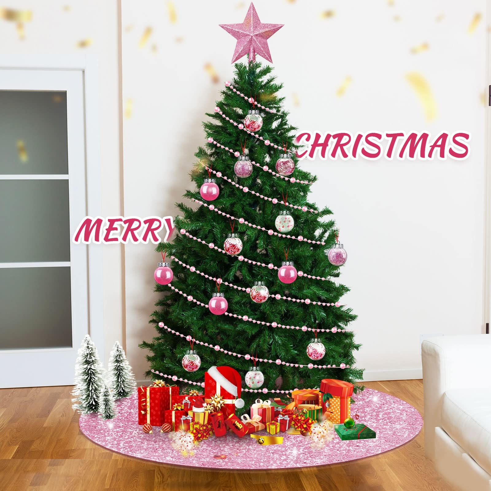 Set de 33 Pcs Décorations de Sapin de Noël Rose Jupe de Sapin de Noël Paillettes Topper d'arbre Étoile de Noël Paillettes Ornements de Boule Noël Suspendus Guirlandes de Chaînes de Perles