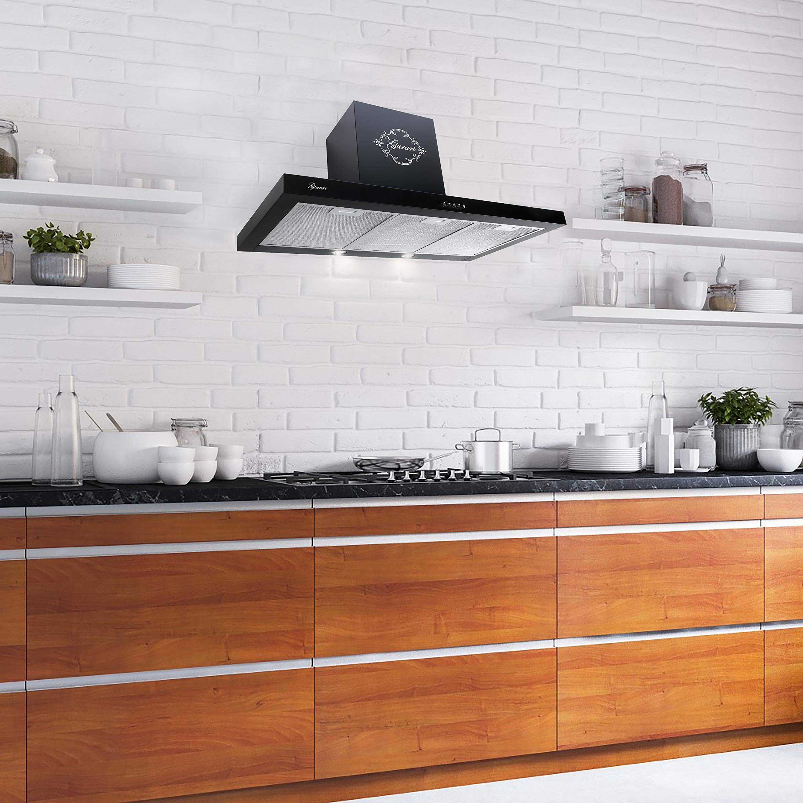 Gurari 461 BL Hotte aspirante murale 90 cm •1000m³/h•Hotte murale Luxe • 3 vitesses •LED •Noir •Recirculation possible
