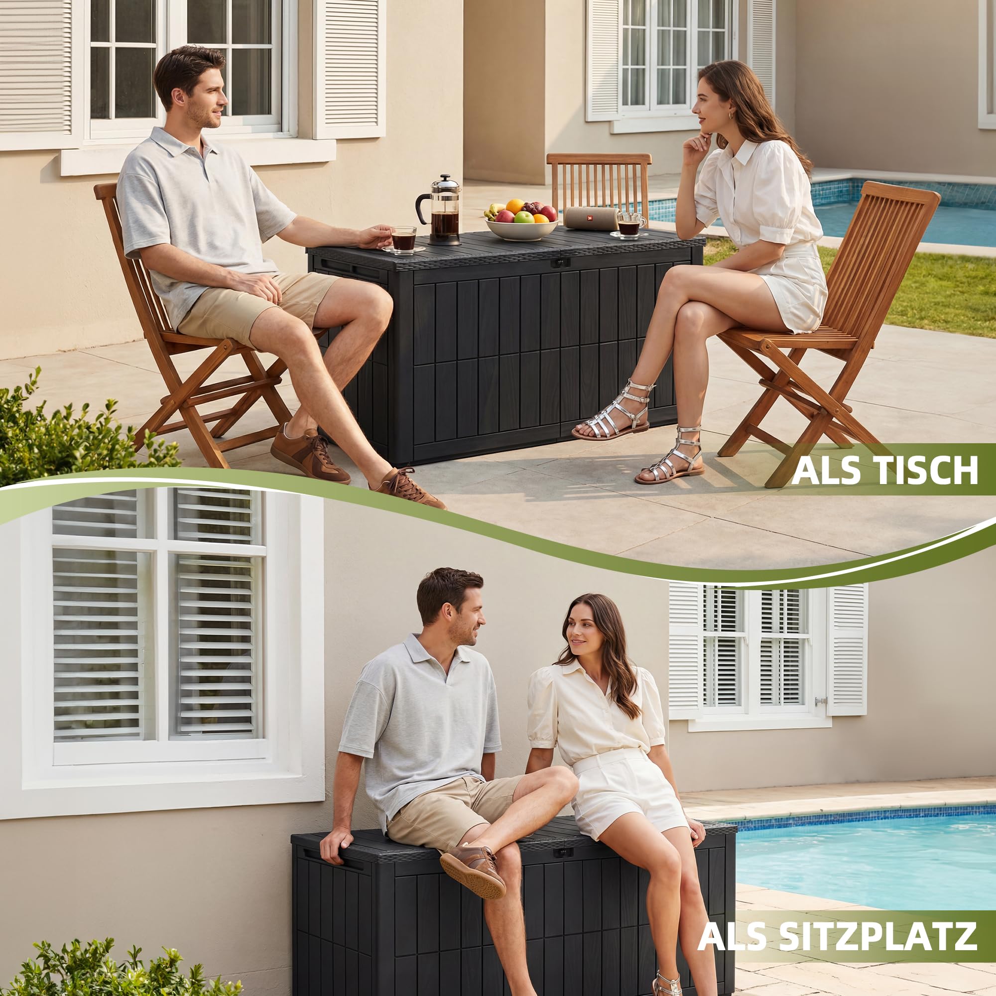 UDPATIO Baule da Giardino Impermeabile 450L, Box Contenitore da Esterno con Molla a Gas, Cassapanca Portacuscini in Plastica per Attrezzi e Accessori Piscina - Antracite