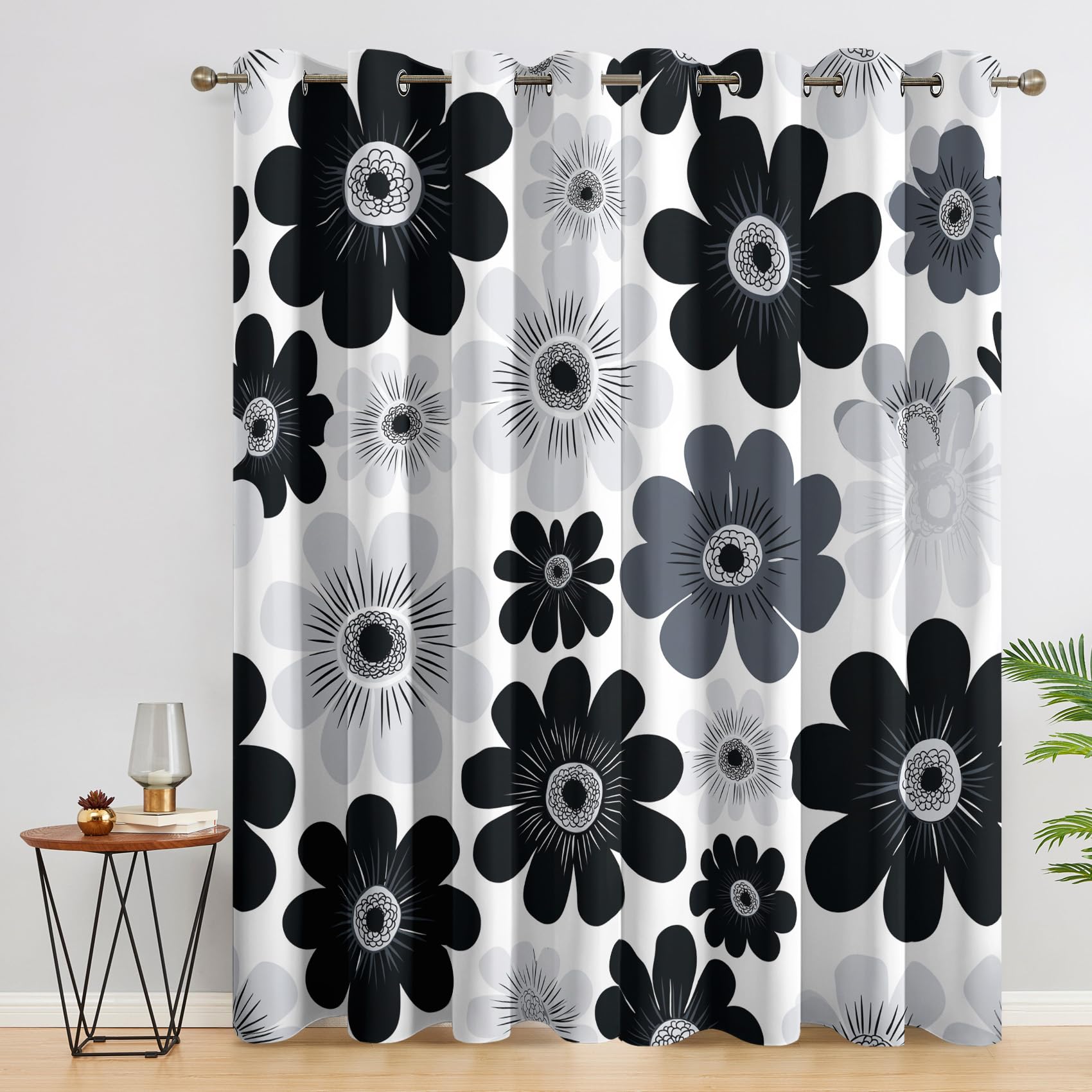 Rideaux occultants fleurs noir et blanc 117x137 cm | Paire de rideaux thermiques à oeillets