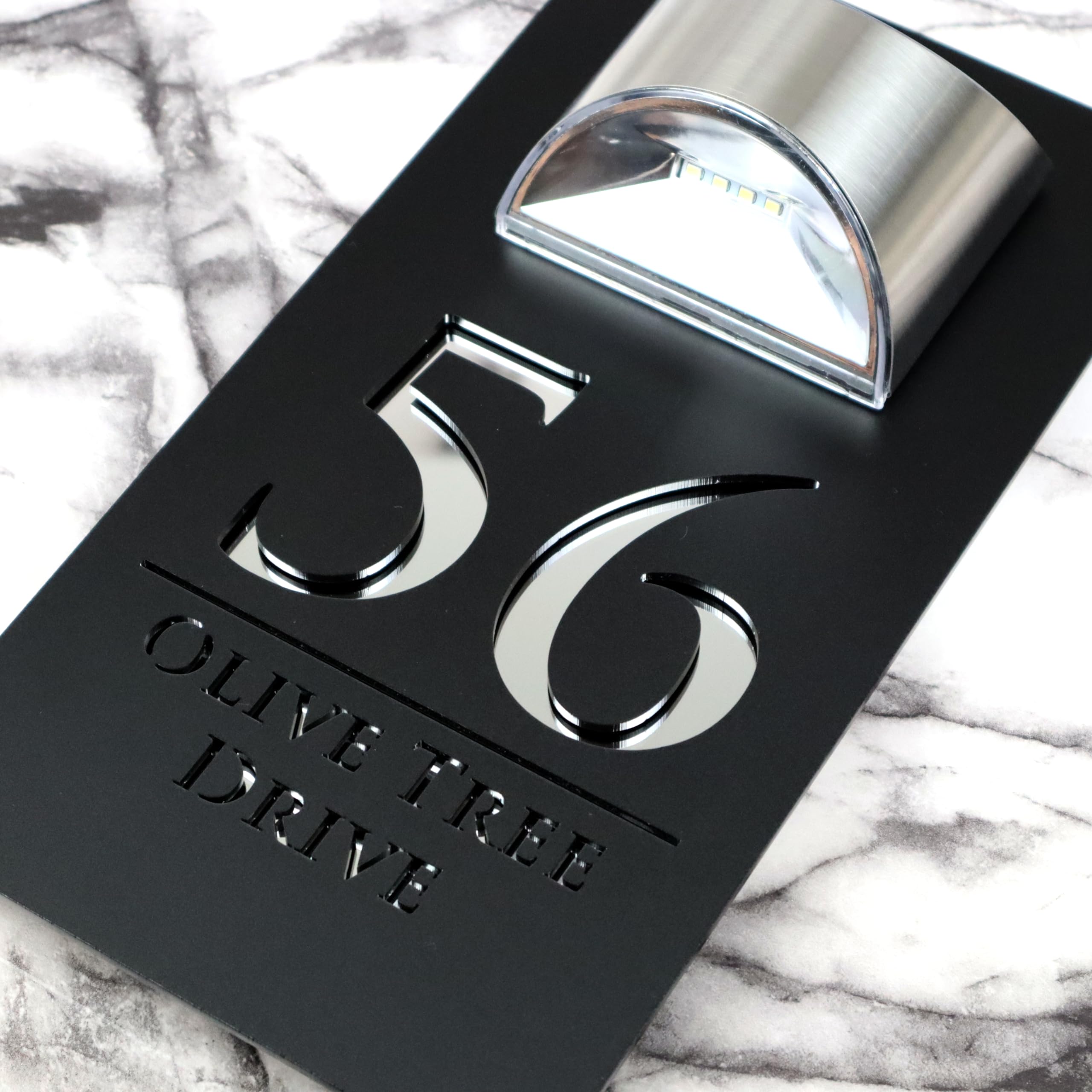 K Smart Sign | Bellissima LED F32 | Contemporary House Signs Plaques Door Numbers 1-9999 Street Name SOLAR LIGHT LED For Wall Personalised Laser Cut Mirror! (Matt Black & Silver Mirror) — image 1