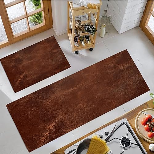 Miniatura 3 de Abstract Leather Texture Kitchen Mats, Retro Aesthetics Kitchen Rugs Set of 2, Rust Brown Washable Floor Carpet, Xmas Decor Mats for Hallways