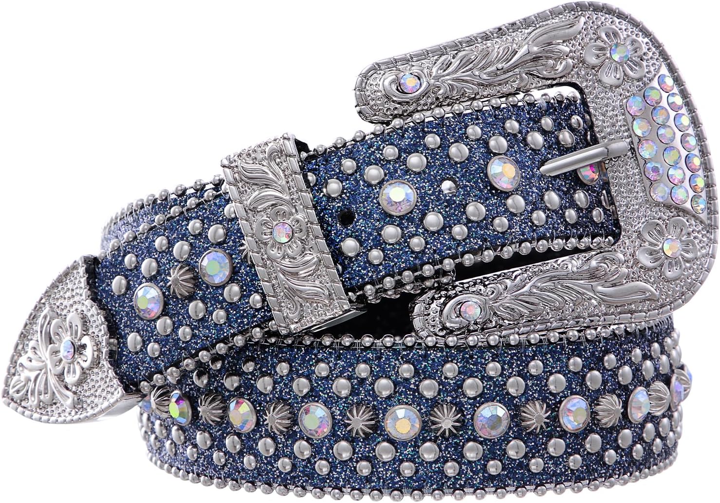 FIORETTO Men Women Rhinestone Belt Bling Western Studded Leather Belt Shining Diamond Waist Belt for Cowgirl Cowboy Jeans