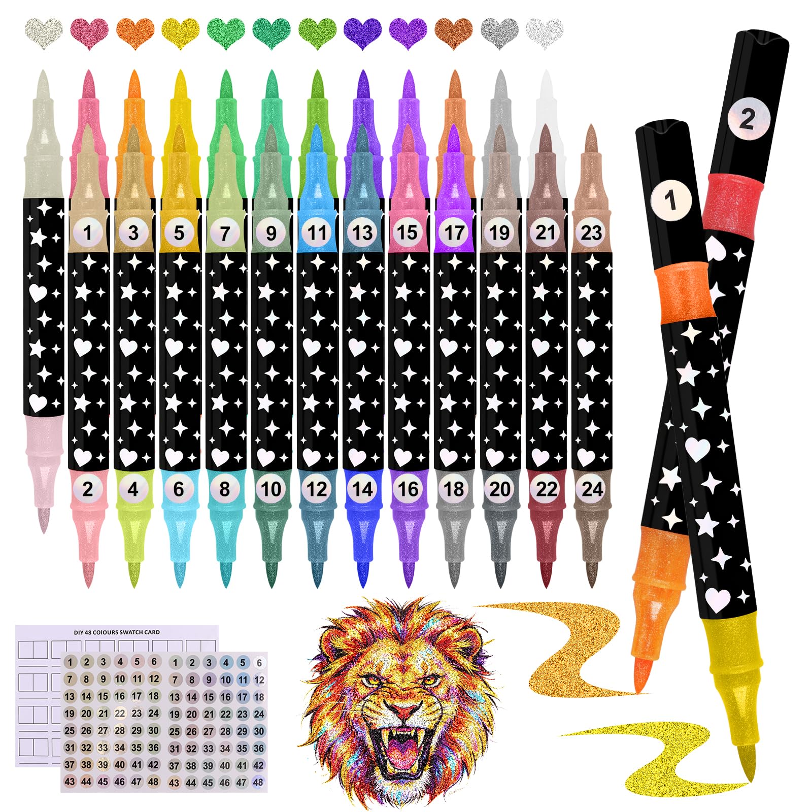 Gelanty Glitter Pens, Dual Colors Glitter Markers, Glitter Pens for adults, 24 PCS 48 Coolors Metallic Sparkle Markers for Cards, DIY Crafts, Doodle, Writing, Adults Coloring Books