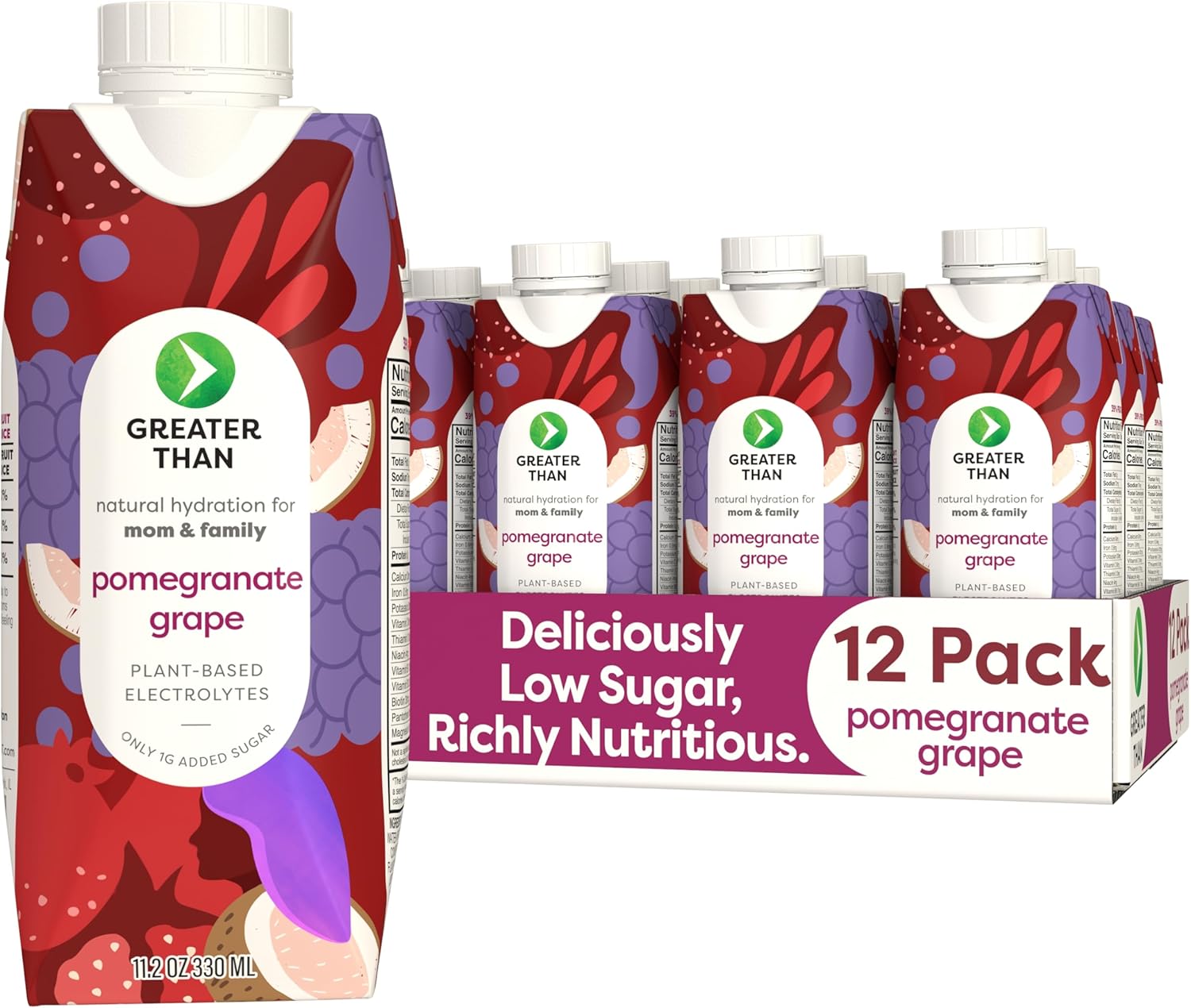 Greater Than Lactation Supplement Support, Coconut Water, Vitamins & Electrolyte Drink for Breastfeeding & Immune Support, Lactation Cookies Alt, Gluten Free, Low Sugar, 12 Pack, Pomegranate Grape