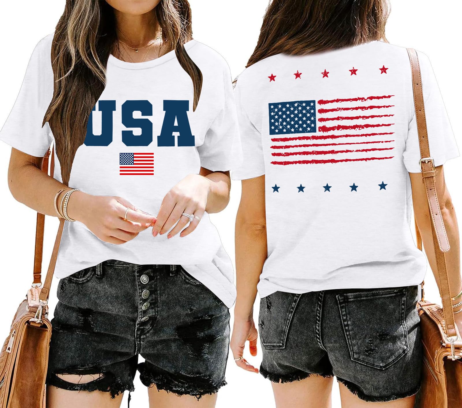 American Flag Shirt Women: Patriotic Shirt USA Flag Stars Stripes Print Short Sleeve T-Shirt 4th of July Tee Tops