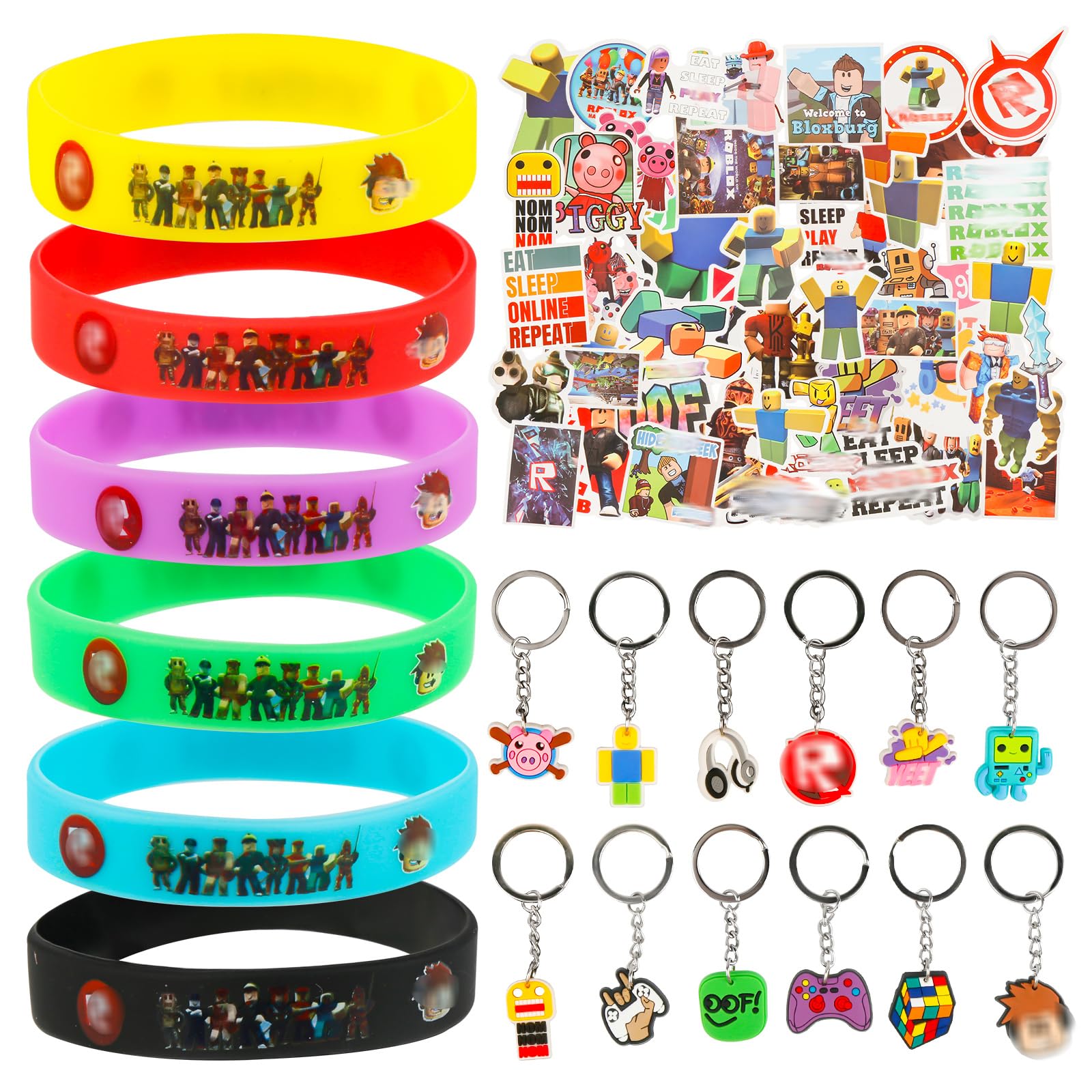 Ainvliya 74pcs Roblx Party bag Fillers, 50pcs Stickers, 12pcs Silicone bracelet, 12 Keychain, Party Bags Supplies for Kids Boys Girls