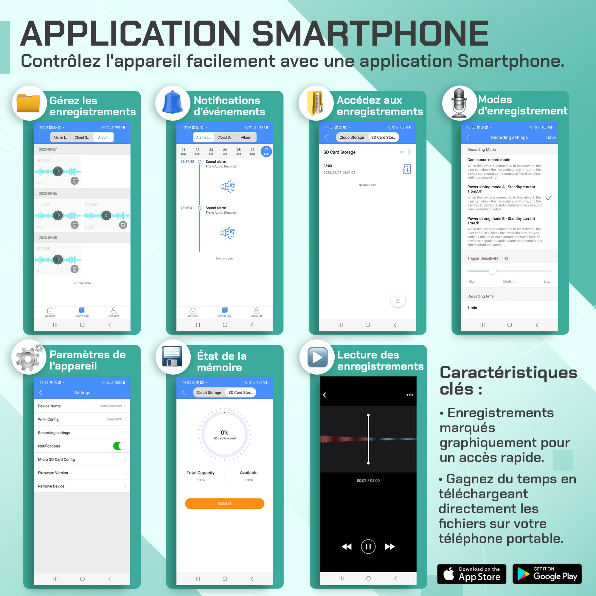Enregistreur Vocal numérique Professionnel WiFi | FlyRec SMT | 8 Go de Mémoire | Contrôle illimité de la Distance pour, Leçons et Mémos Vocaux - Enregistreur Audio avec Application Intelligente