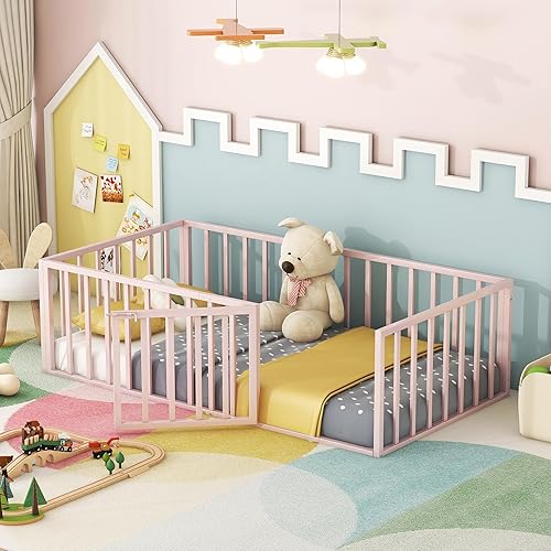 Bellemave Cama Montessori individual, cama de suelo, cama de piso para niños pequeños con puerta, cama de piso para bebé, cama de piso de metal para