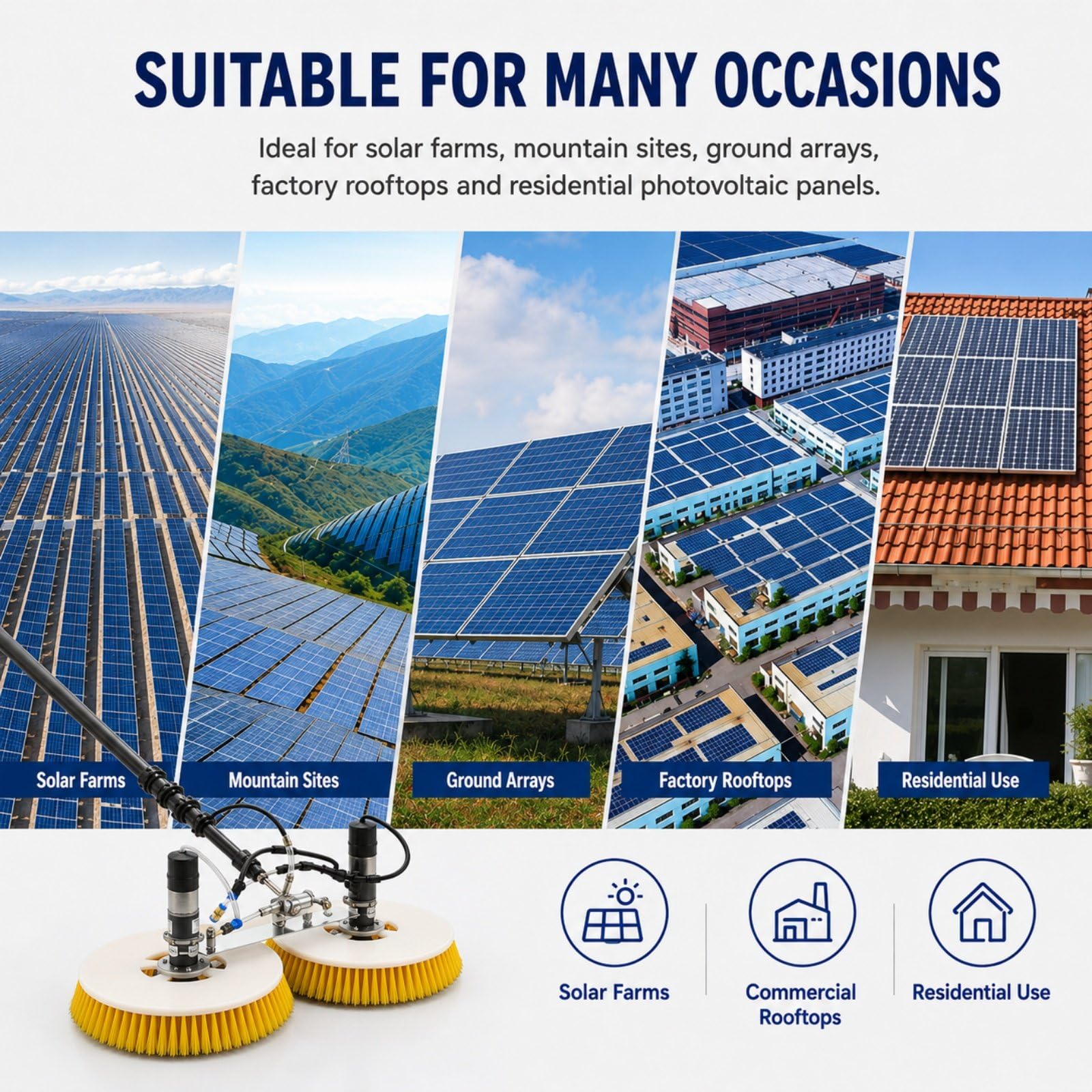 Cepillo Limpieza Panel Solar Doble Cabezal, Cepillo Motorizado con Anchura de Limpieza 70 cm, Mango Telescópico 5 m/6 m/7 m/8 m/9 m /10 m para Módulos Fotovoltaicos 7m