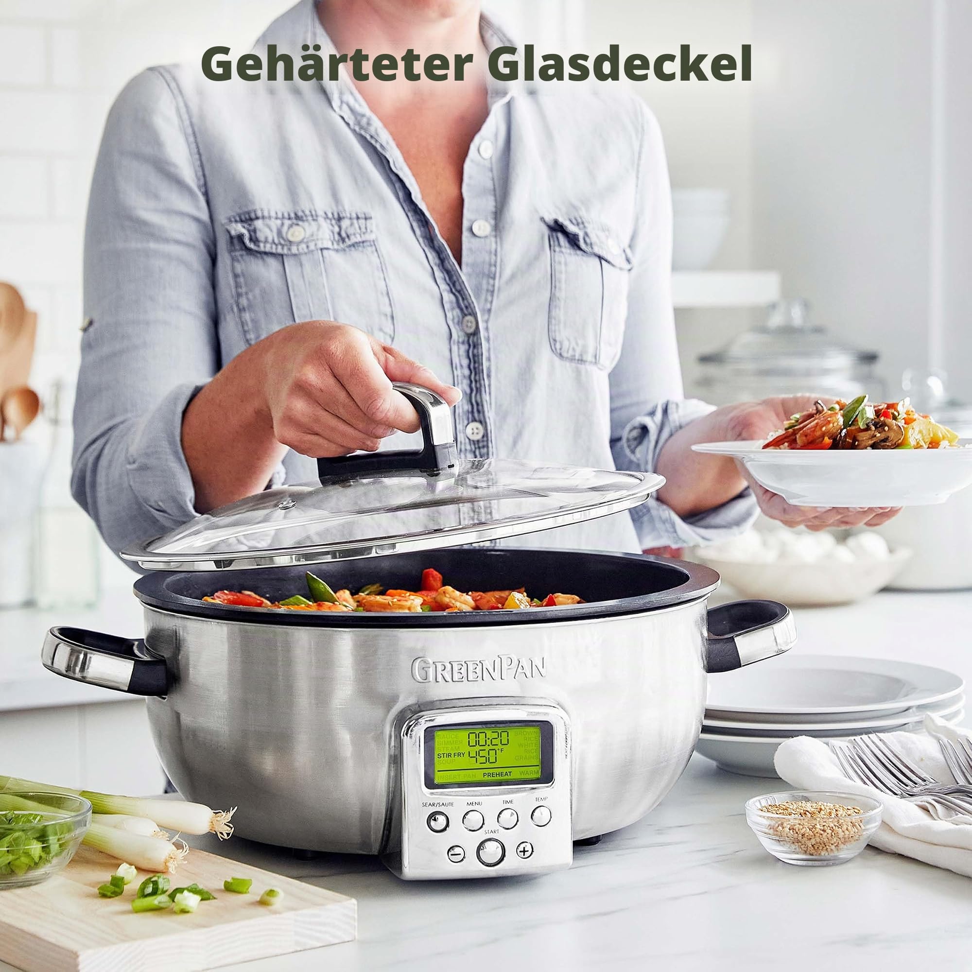 GreenPan Elite Wesentlich Schlau Elektrisch 5.6L Bratentopf,Einfache Brat- Sautier- Rühr- und Reiskocher-Vorwahlen,PFAS-freie Gesunde Keramik-Antihaft,Spülmaschinenfeste Teile,LED-Anzeige,Edelstahl