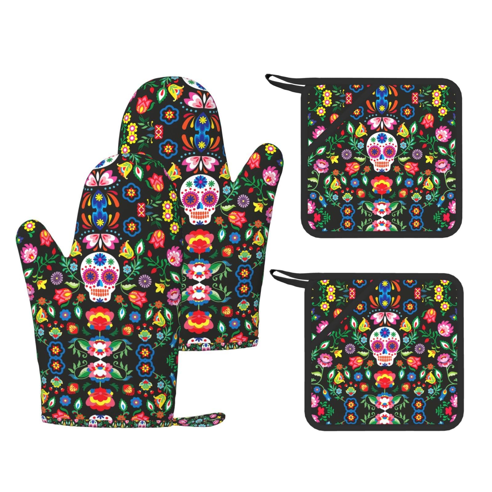 Sugar Horror Skull and Flowers Printed Pot Holders and Oven Mitts 4-Piece, Non-Slip Kitchen Gloves with Utensil Pocket for BBQ