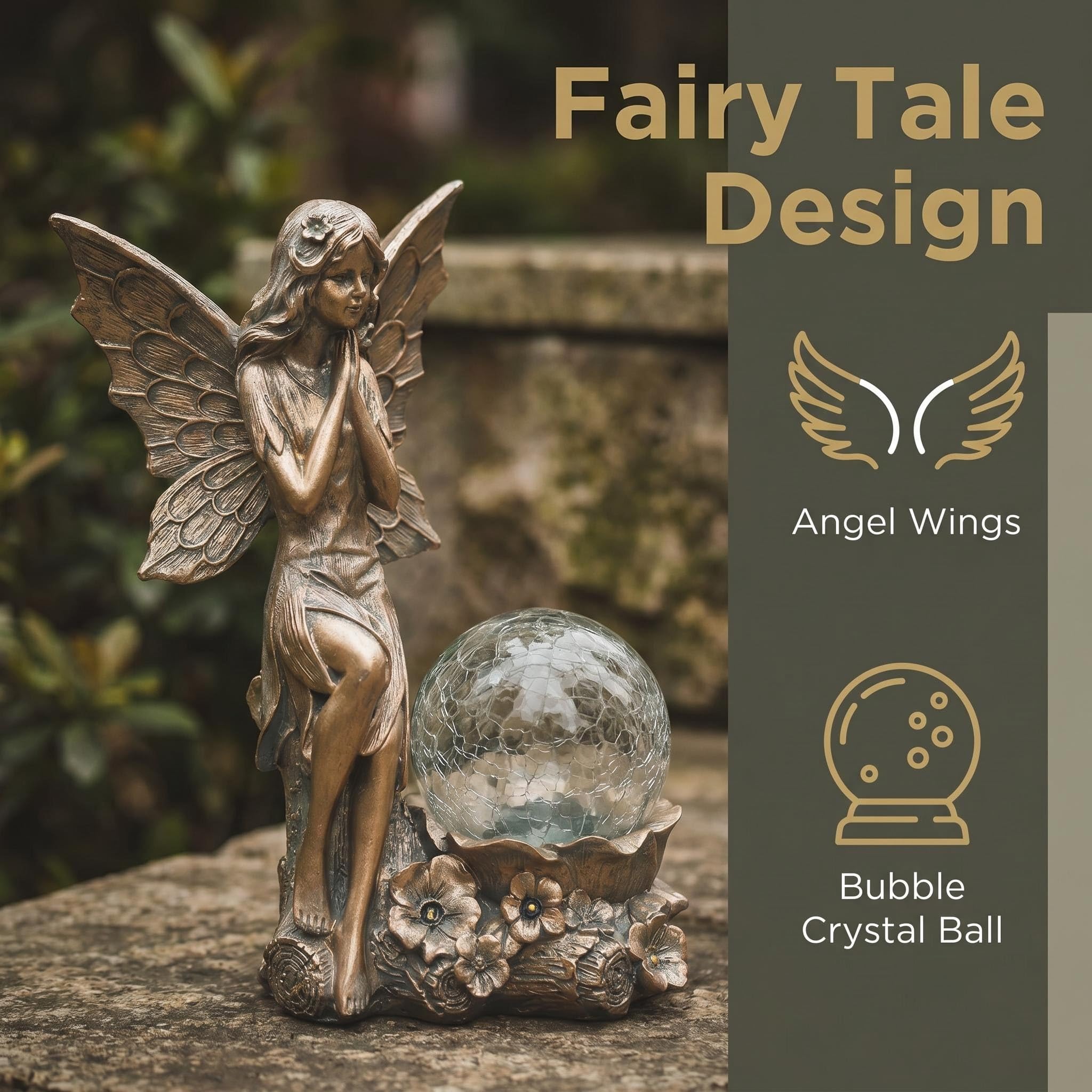 Statue da giardino per esterni, statua a energia solare delle fate, a LED in vetro craquelé, luce solare da giardino, per esterni, prato, cortile, patio, decorazione da giardino, altezza