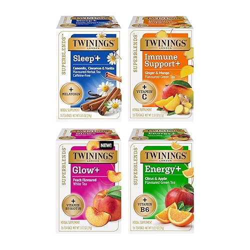 Twinings Tés Superblends, té de hierbas, verde y blanco saborizados, paquete variado, Energy+ vitamina B6, Sleep+ melatonina, Immune Support+