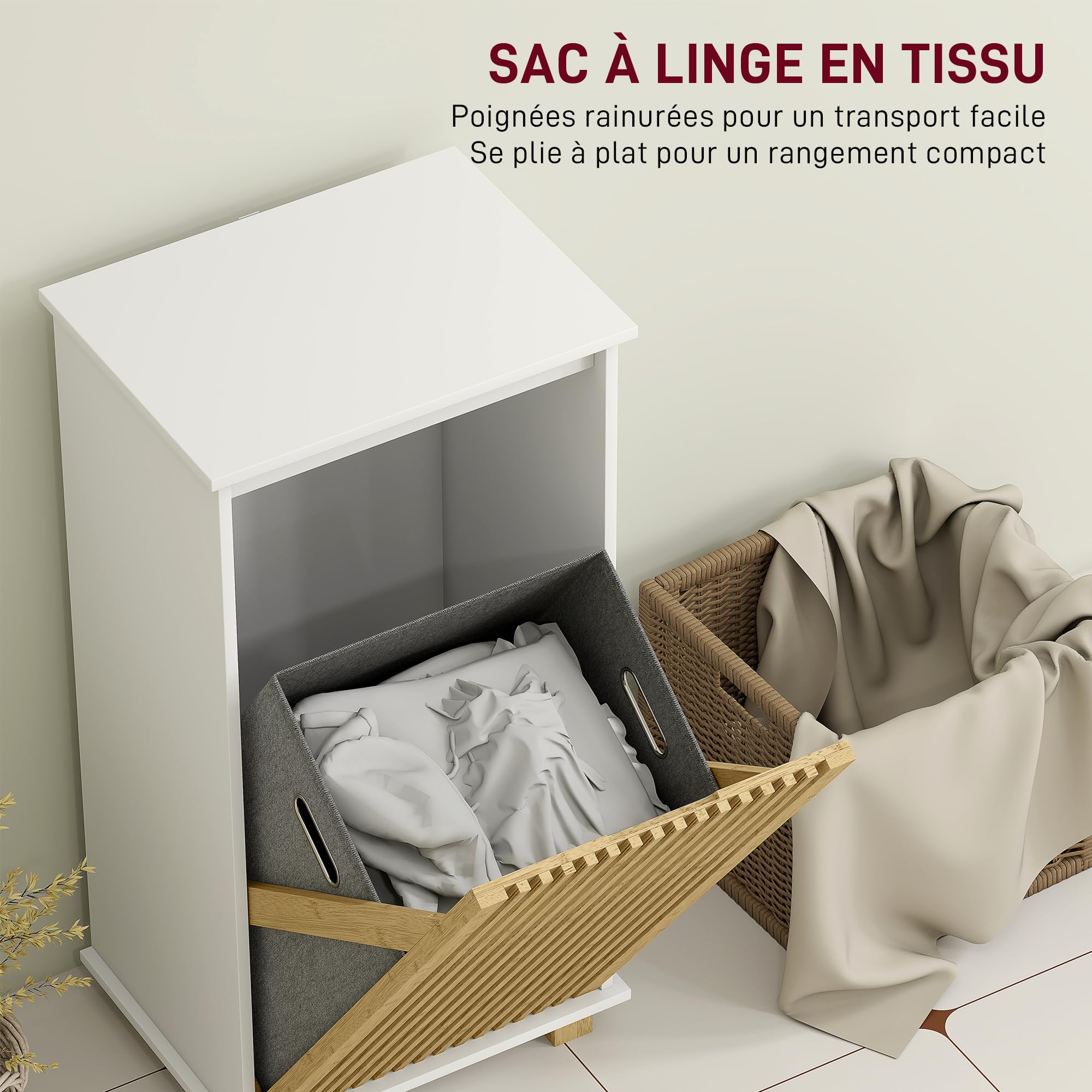 HOMCOM Meuble salle de bain 40 x 30 x 80 cm Blanc et Effet Bois Naturel | Panier À Linge, Armoire De Rangement, Porte À Lattes En Bambou, Sac Amovible