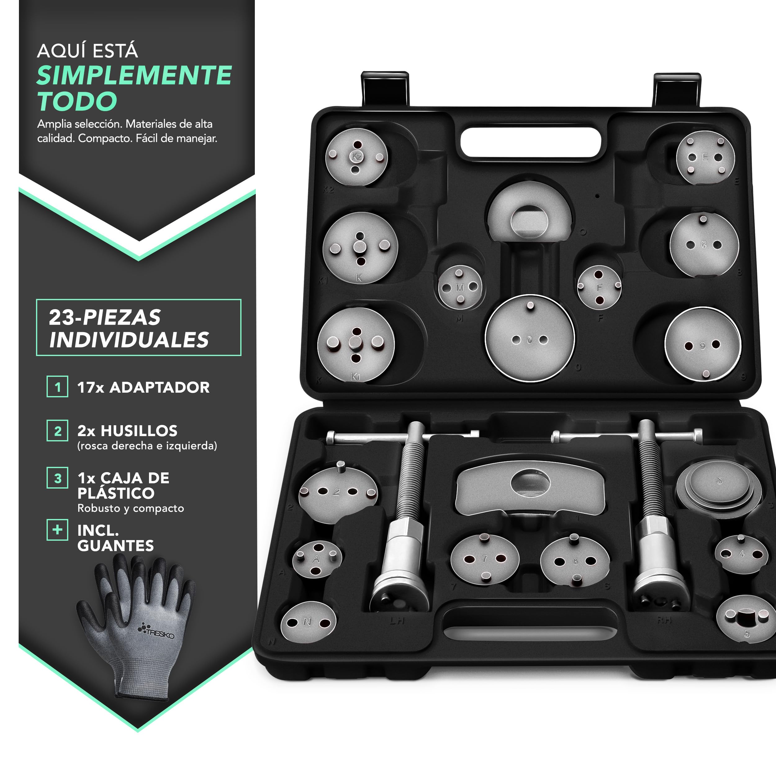 TRESKO® Reposicionador de pistones de Freno 23 Piezas Incl. Guantes para reposicionar el pistón de Freno al Cambiar los Discos, Las Zapatas o Las Pastillas de Freno