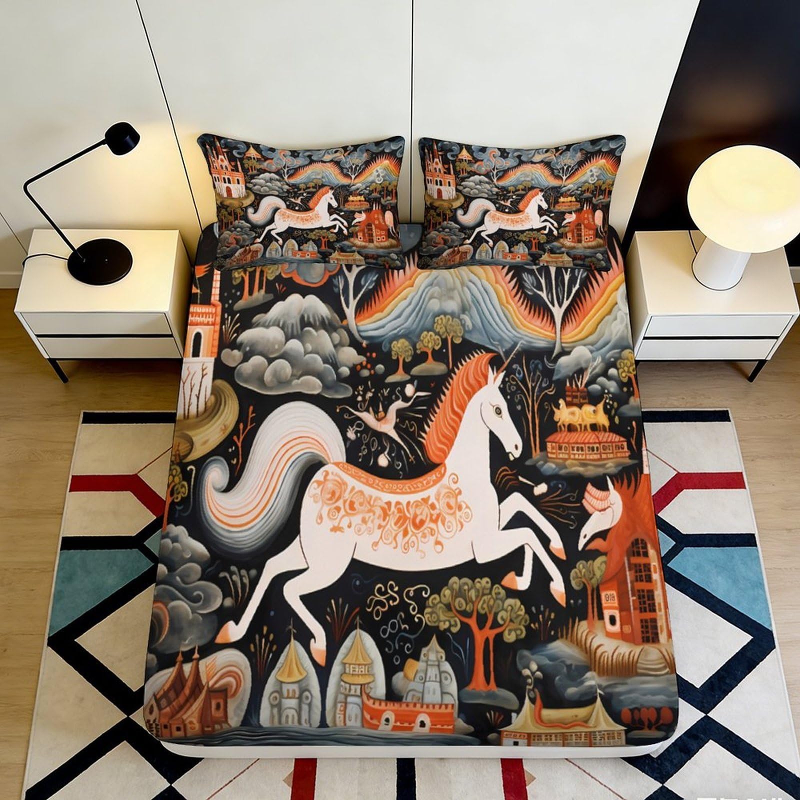 3D Printed Mystical Unicorn Fitted Sheet Microfiber Deep Pocket Non-Slip Bedroom Bedding Mystical Unicorn Mattress Fitted Cover Washable for Adult Teen 200x200x25cm