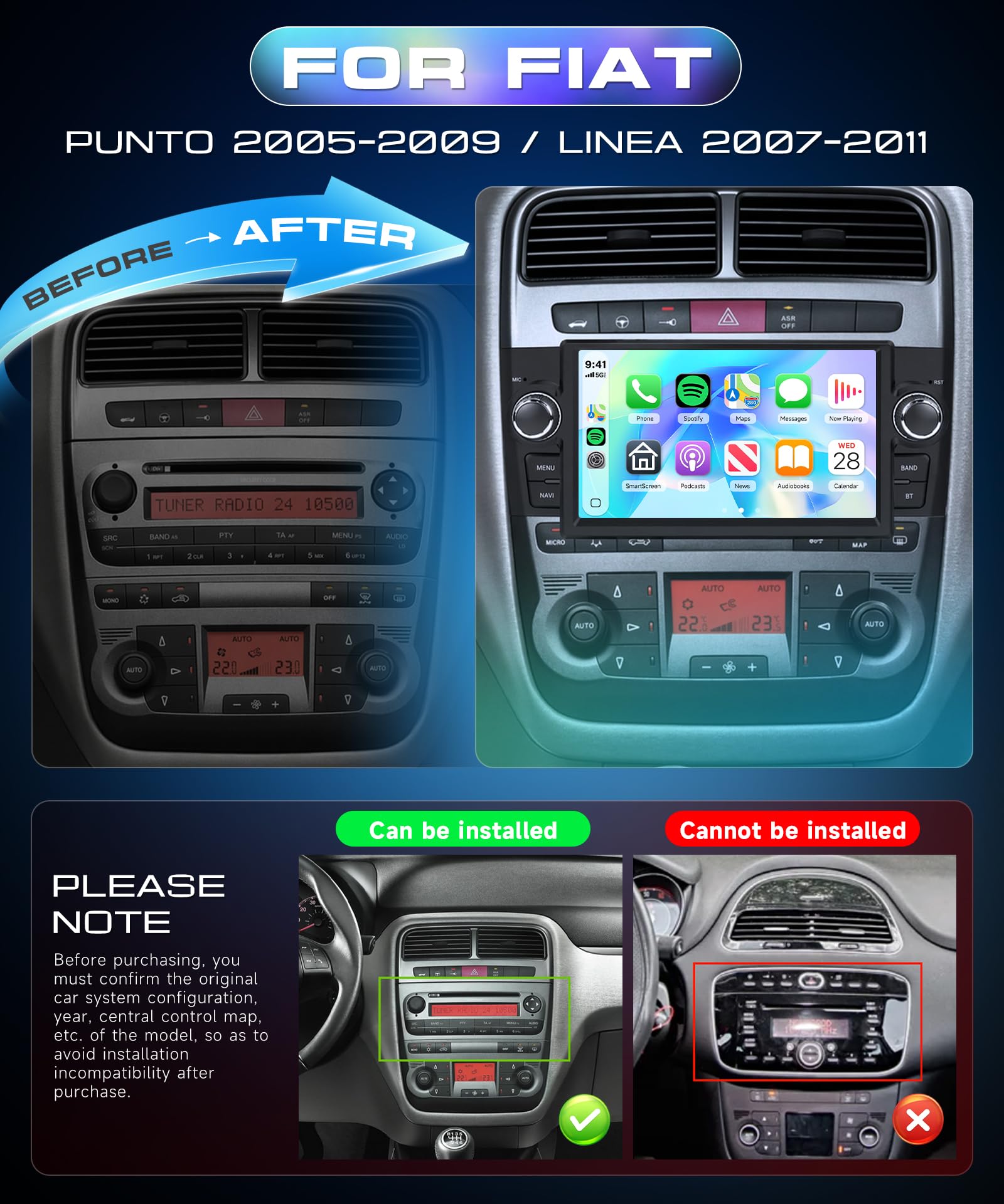 Autoradio per Fiat Punto/Grande Punto 2005-2009 Linea 2007-2011,4G+64G Car Stereo Carplay Wireless/Android Auto,7” IPS Schermo con Bluetooth 5G-WiFi GPS FM RDS DSP SWC +AHD Telecamera
