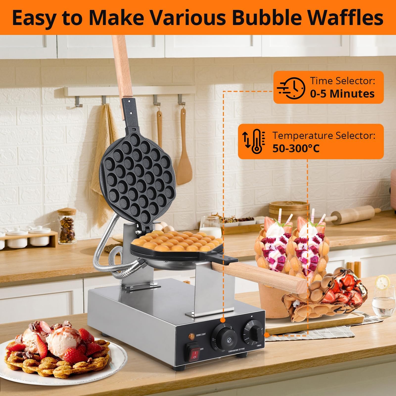 Bubble Waffle Maker de Estilo de Hong Kong 1400W/2800W,Sarten Gofres Girario Máquina de Gofres de Forma Huevo para Uso doméstico y Comercial,Single Head
