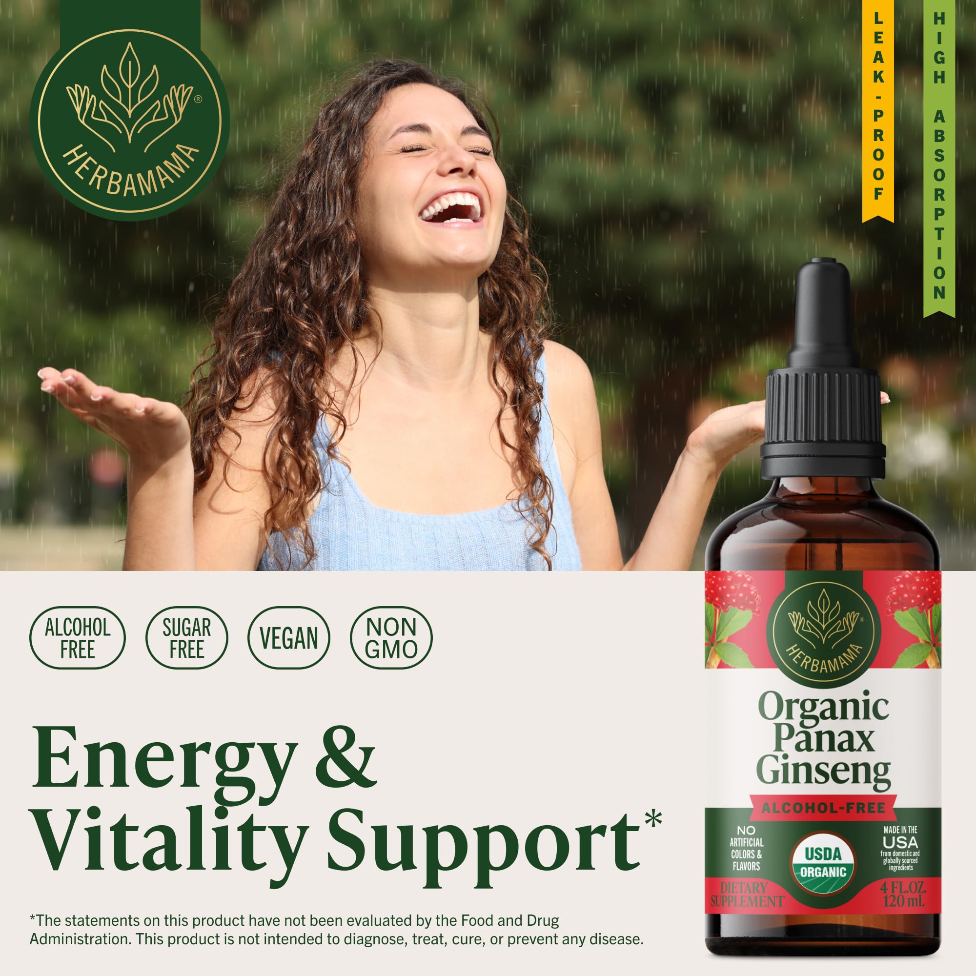 HERBAMAMA USDA Organic Panax Ginseng for Men, Women - Energy Support - 4 oz — Amazon image 3
